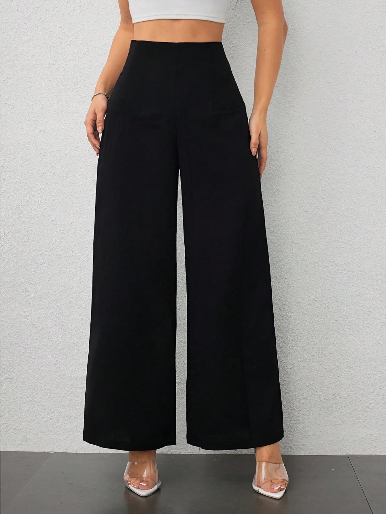 SHEIN PETITE Women's Simple Casual Fashion Back-To-School Season Old Money Commuting High-Waist Texture Wide-Leg Trousers ,Petite Women