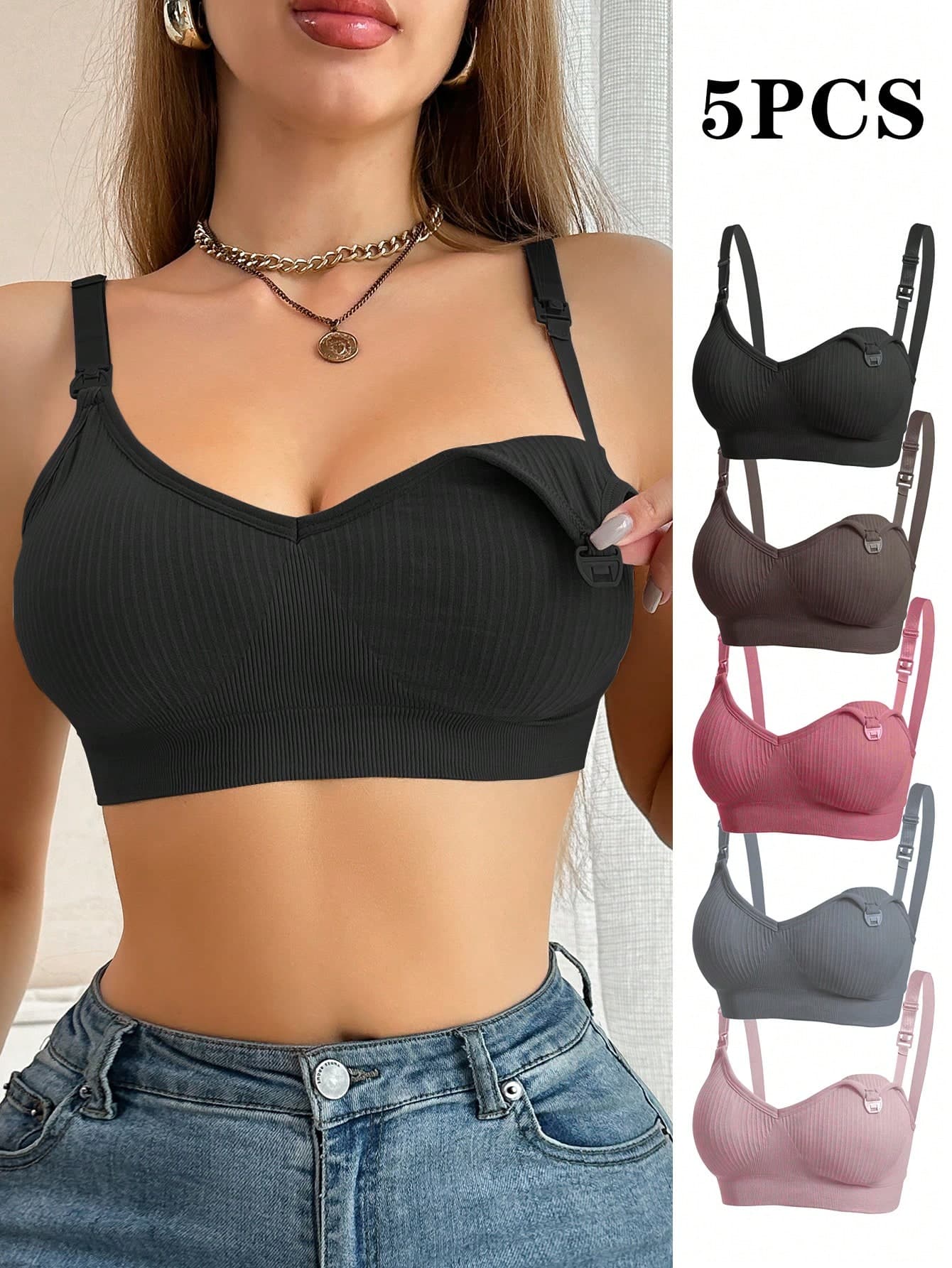 Moonlight&Mama 5pcs/Set Maternity Solid Color Comfortable Ribbed Nursing Bras Maternity Without Padding