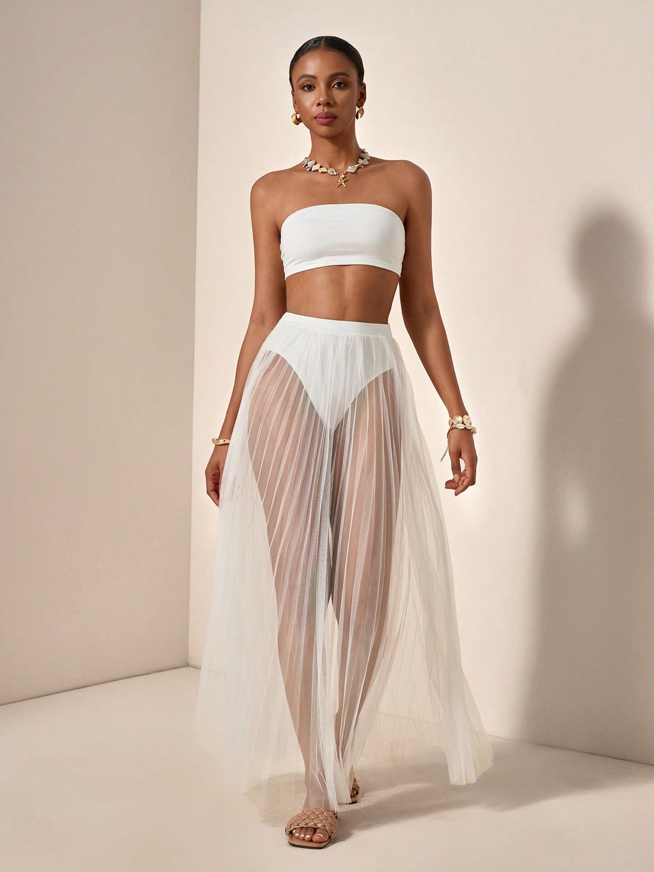 Zivah Vacation Summer Crop Tube Top And Pleated Sheer Mesh Midi Skirt Set