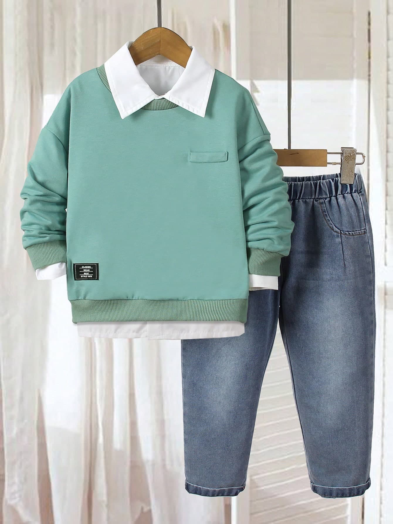 SHEIN Genkimix Kids 2pcs/Set Young Boys Casual Knit Crew Neck Sweatshirt And Denim Long Pants Suit,Minimalist Design For Back-To-School,Career Day,Summer,School,Travel