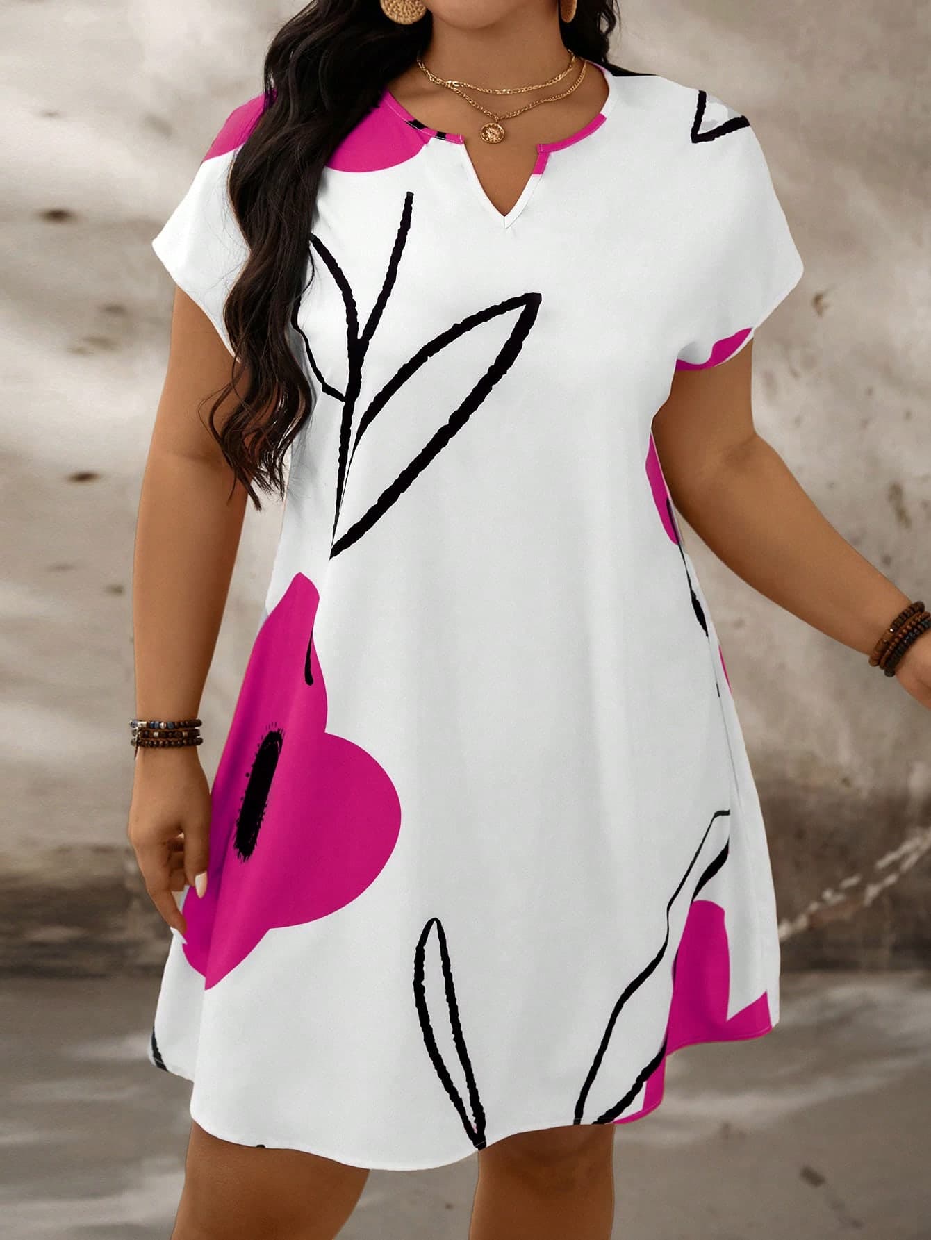 SHEIN LUNE Plus Size Floral Notched V Neck Batwing Sleeve Summer Dress Women's Summer Clothing Resort Clothing Women's Dress Holiday Dress