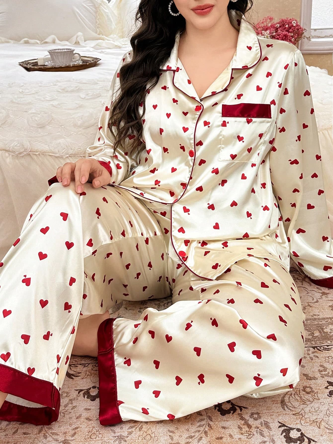 CottageSlumber Plus Size Color Block Heart Print Shirt & Pants Pajama Set, Long Sleeve Cozy And Elegant Details, Fall Winter Clothes Outfit