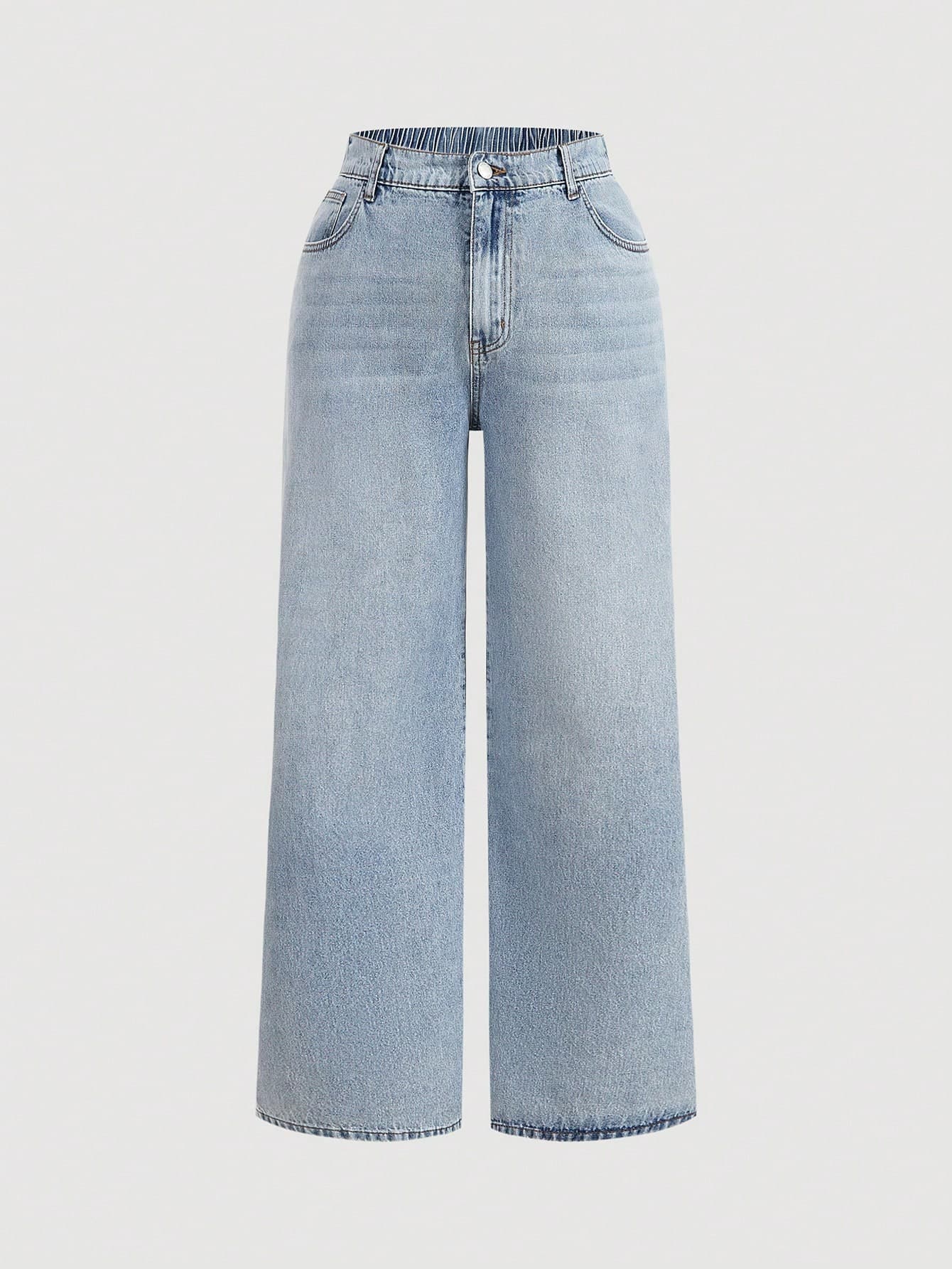 SHEIN Tall CURVE Plus Size Casual Elastic Waist Straight Leg Washed Denim Jeans, Baggy Jeans, Christmas Women Clothes Stacked Women Jeans