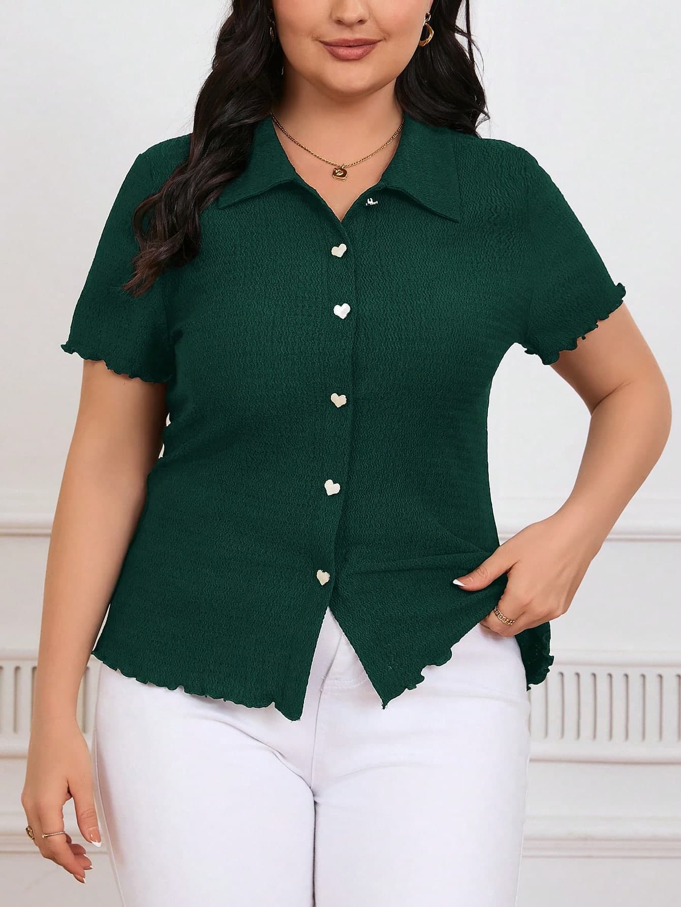 SHEIN Frenchy Plus Size Plain Front Button Short Sleeve Casual Top, Everyday Wear