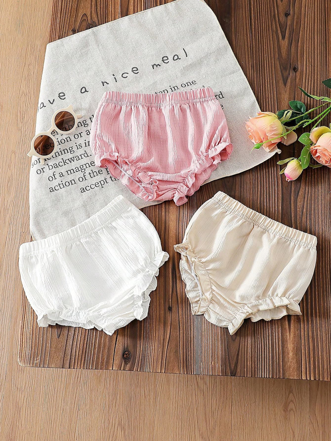 Vintaside Kids 3Pcs Baby Girls Summer Cute Outfit,Includes Apricot,Offwhite,And Pink Shorts,Soft Pink And White Holiday Minimalist Design,Loose Fit,Outdoor Play