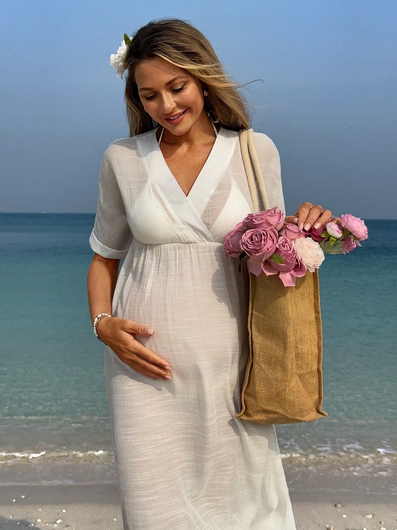 SHEIN Maternity Solid Short Sleeve Sheer Cover-Up Dress, For Summer Beach Vacation