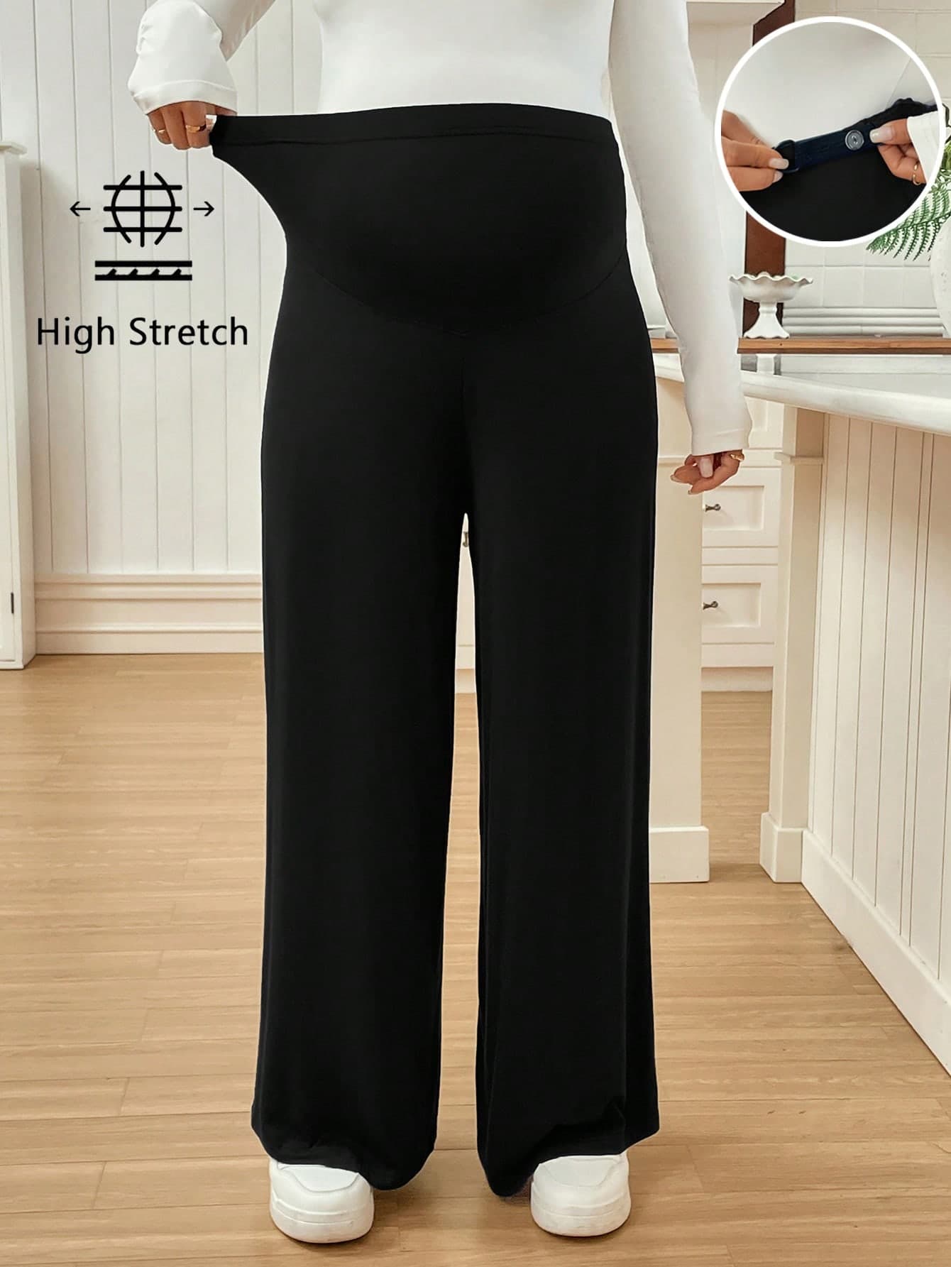 SHEIN Adjustable Waist Wide Leg Pants, Solid Color Maternity Trousers World Cup Fall