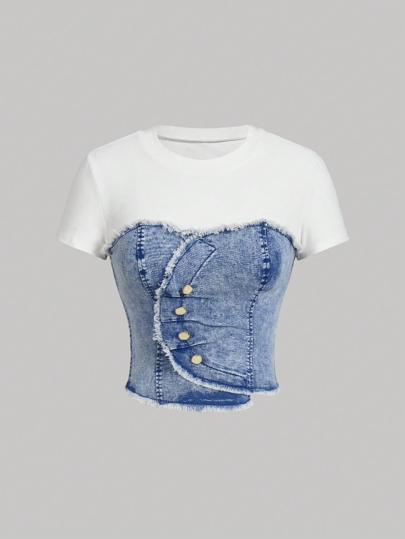 SHEIN MOD Women's Casual Denim Patchwork Fitted Short Sleeve Top,Summer For Women,St Patrick Day,Concert Women,Cruise Attire Women,Cute Tops,Rave Top,Ibiza