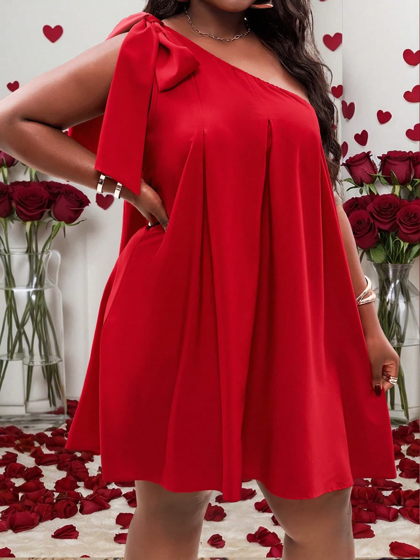 Slaydiva Plus Size Women's Simple Solid Red Casual Elegant Dress, Everyday Wear/Valentine's Day Tea Party Summer