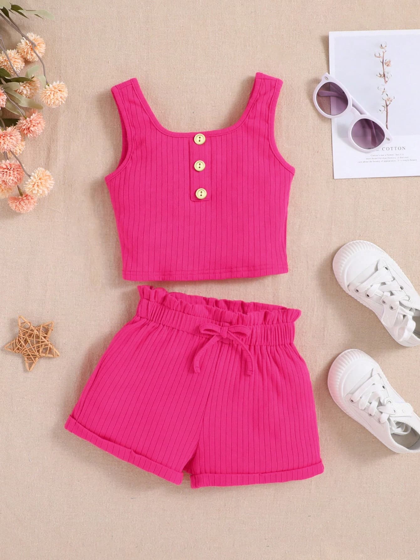 SHEIN Young Girl Daily Casual Home Wear Solid Color Sleeveless Top And Shorts Set Summer Outfits