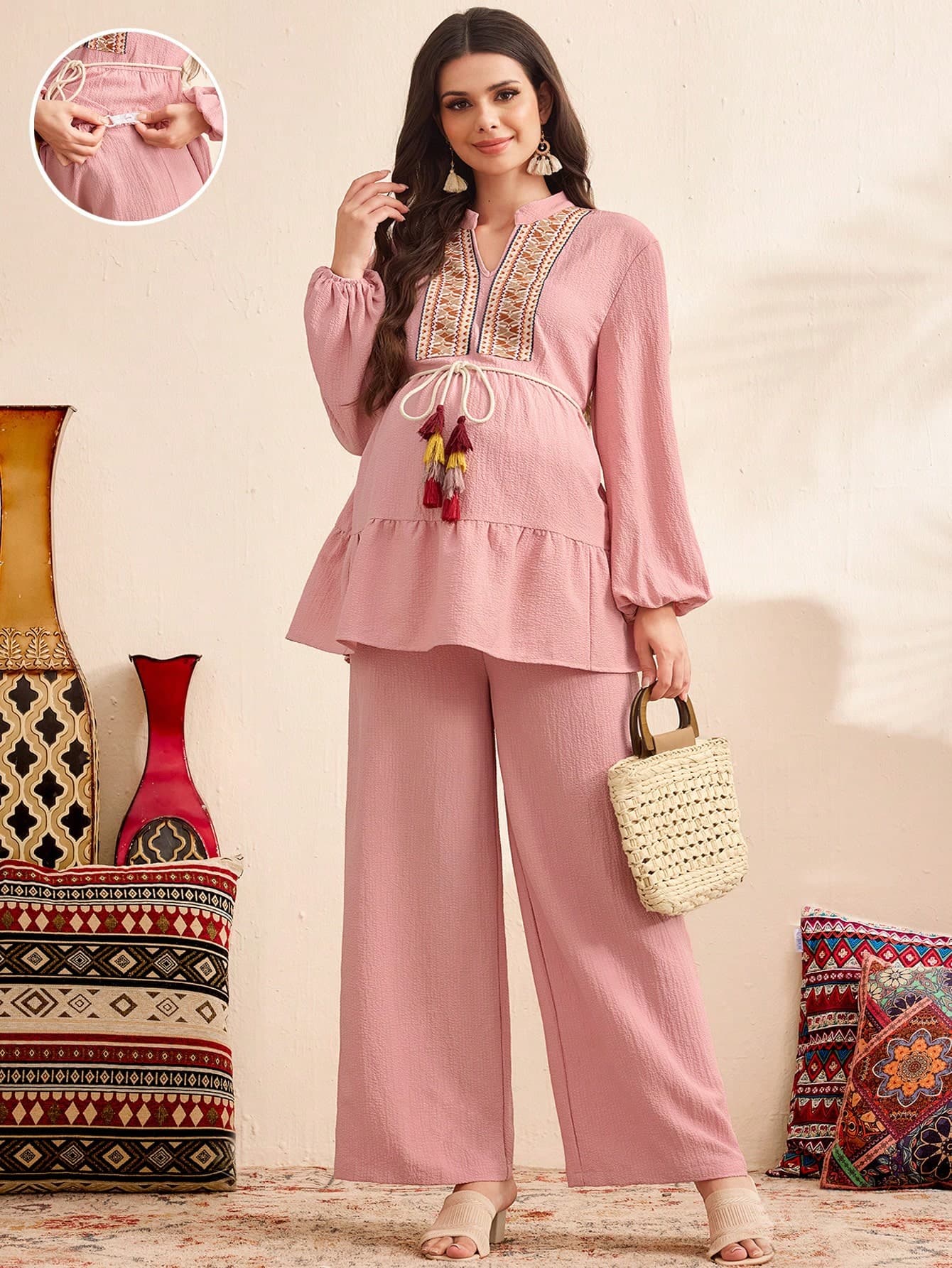 SHEIN 2pcs/Set Maternity Fringe Waist Patchwork Lantern Sleeve Shirt And Pants Set Fall