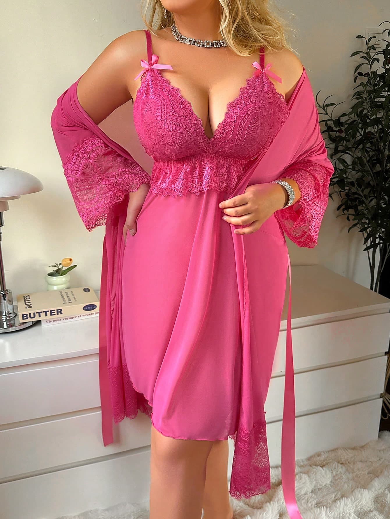 SHEIN Plus Size Lace Patchwork Minimalist Lounge Robe Set, Casual Everyday Wear