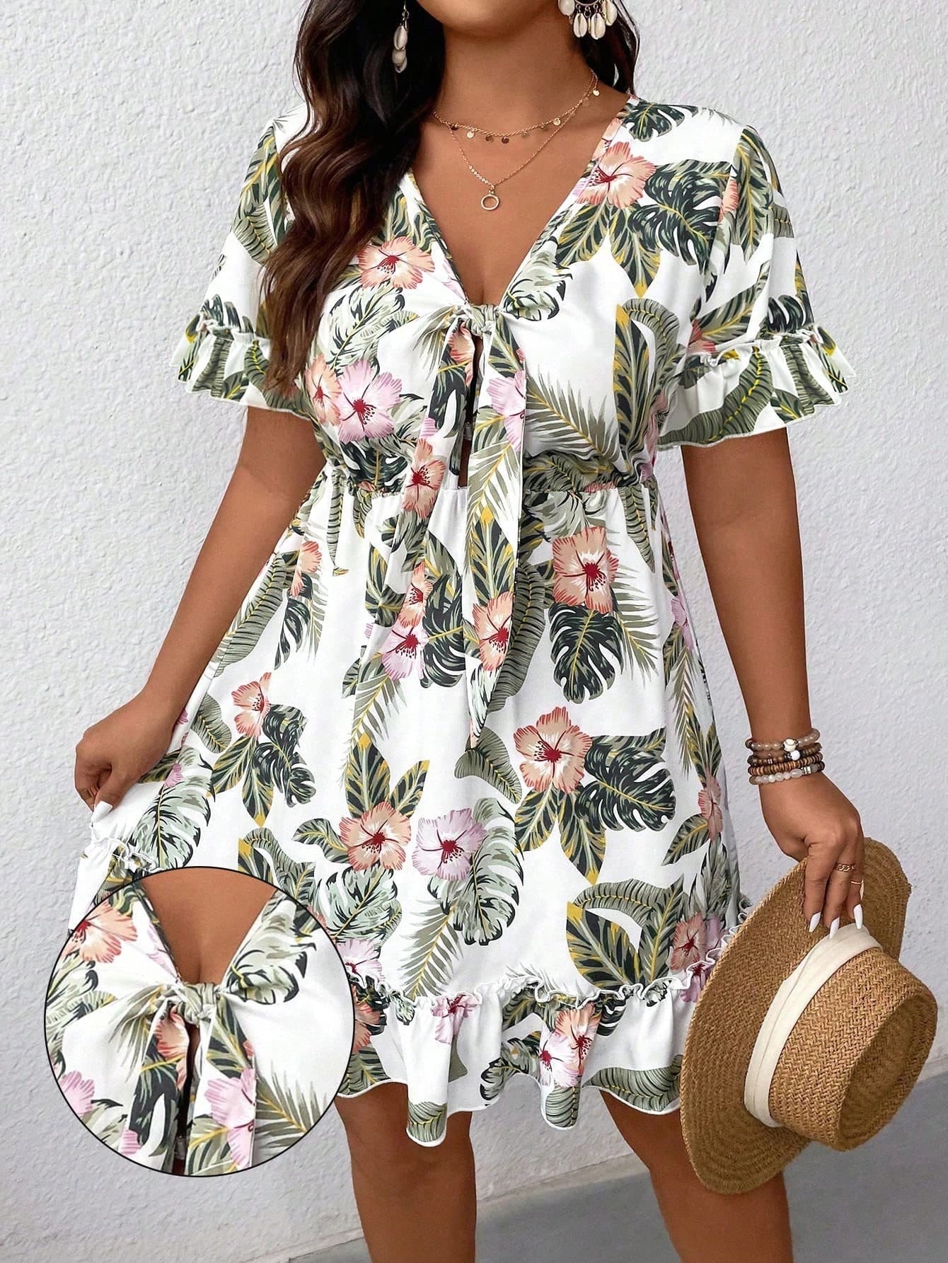 Breezaya Plus Size Women's Plant And Floral Print Front Tie Dress, Suitable For Summer