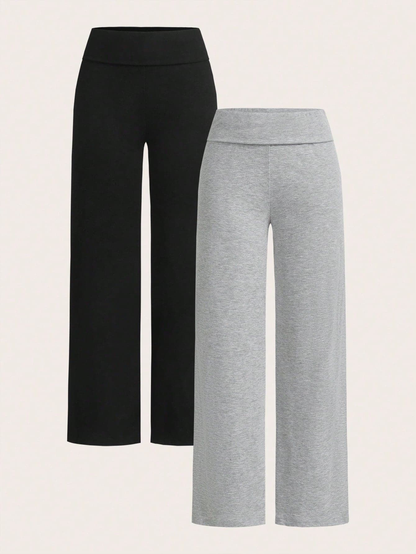 SHEIN EZwear 2pcs Women Casual High Waisted Cuffed Wide Leg Straight Pants, Suitable For Summer Fall Clothes Winter Clothes Sportswear Black Grey