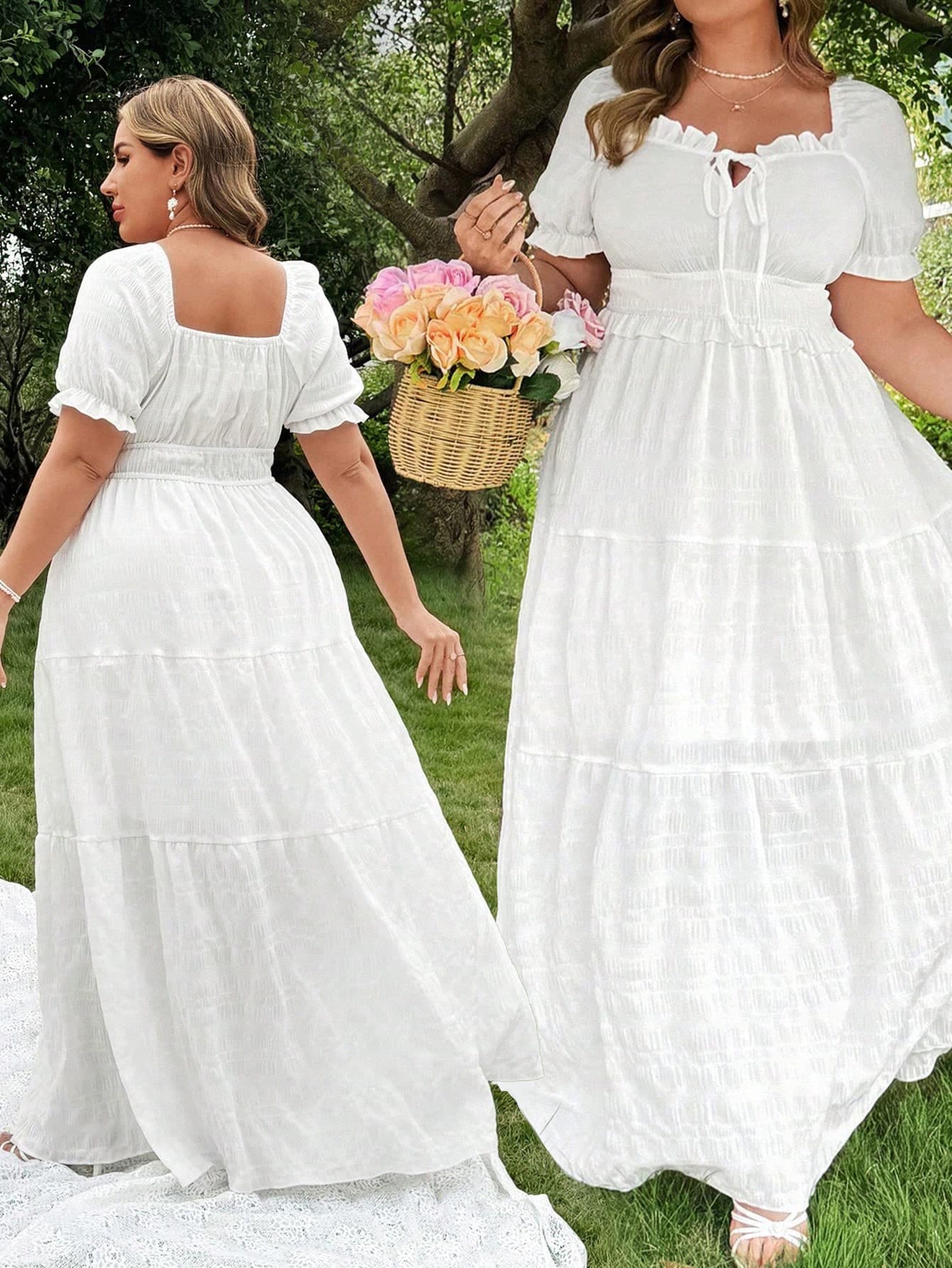 Flirla Plus Size Boho Solid Sweetheart Collar Ruffle Trim Front Tie Puff Sleeve Elastic Waist A-Line Patchwork Dress, For Summer