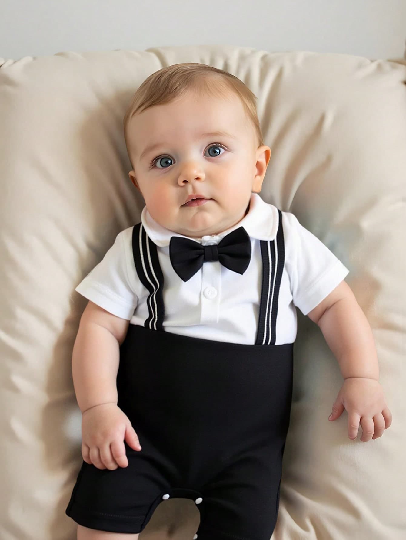 SHEIN Newborn Baby Boys Romper Collared Black And White 2 In 1 Design Summer Elegant Bowknot Gentlemanly Infant Clothes For Daily Wear And Photography