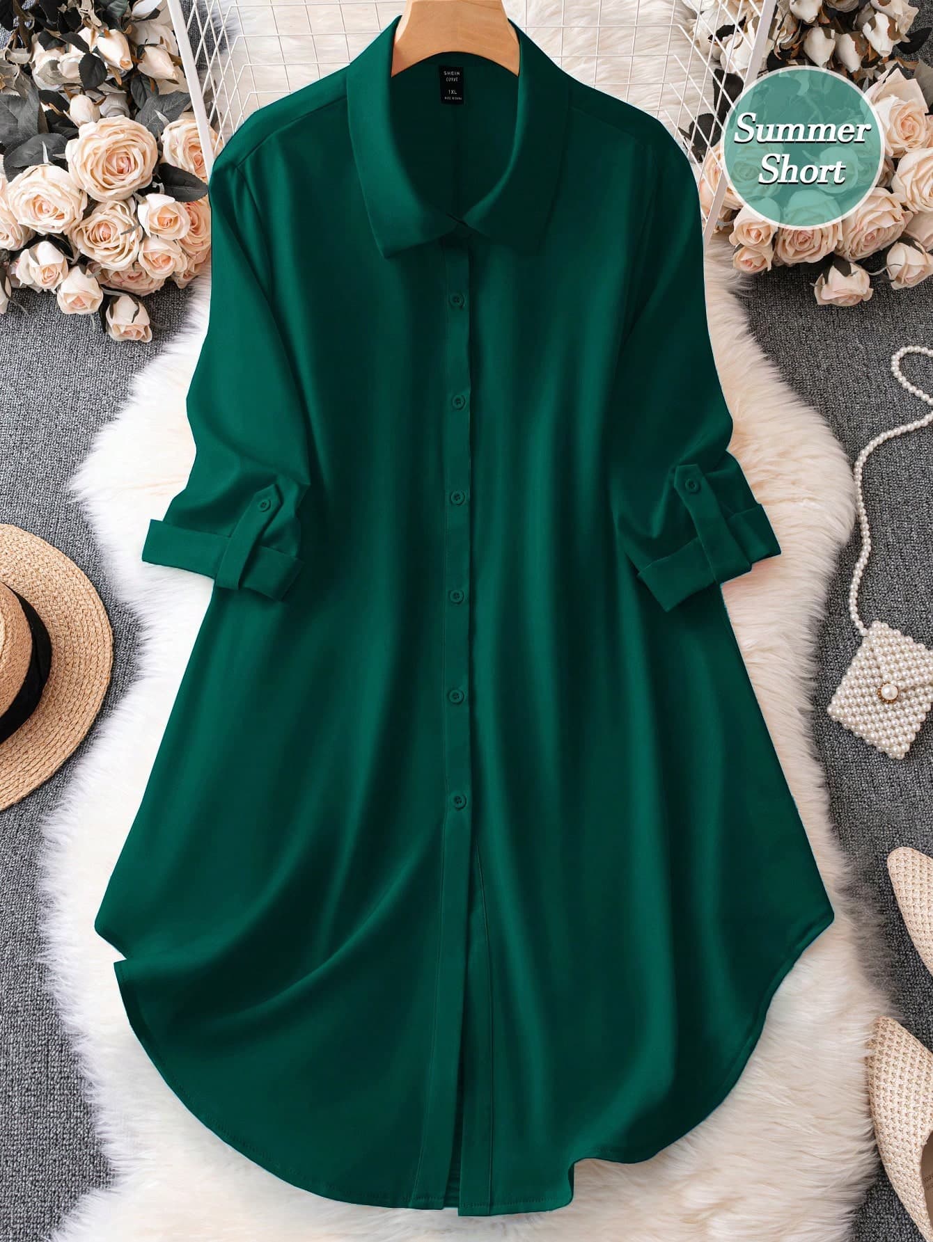 SHEIN Clasi Plus Size Women's Solid Color Turn-Down Collar Buttoned Half Sleeve Dress Fall Cloth For Women