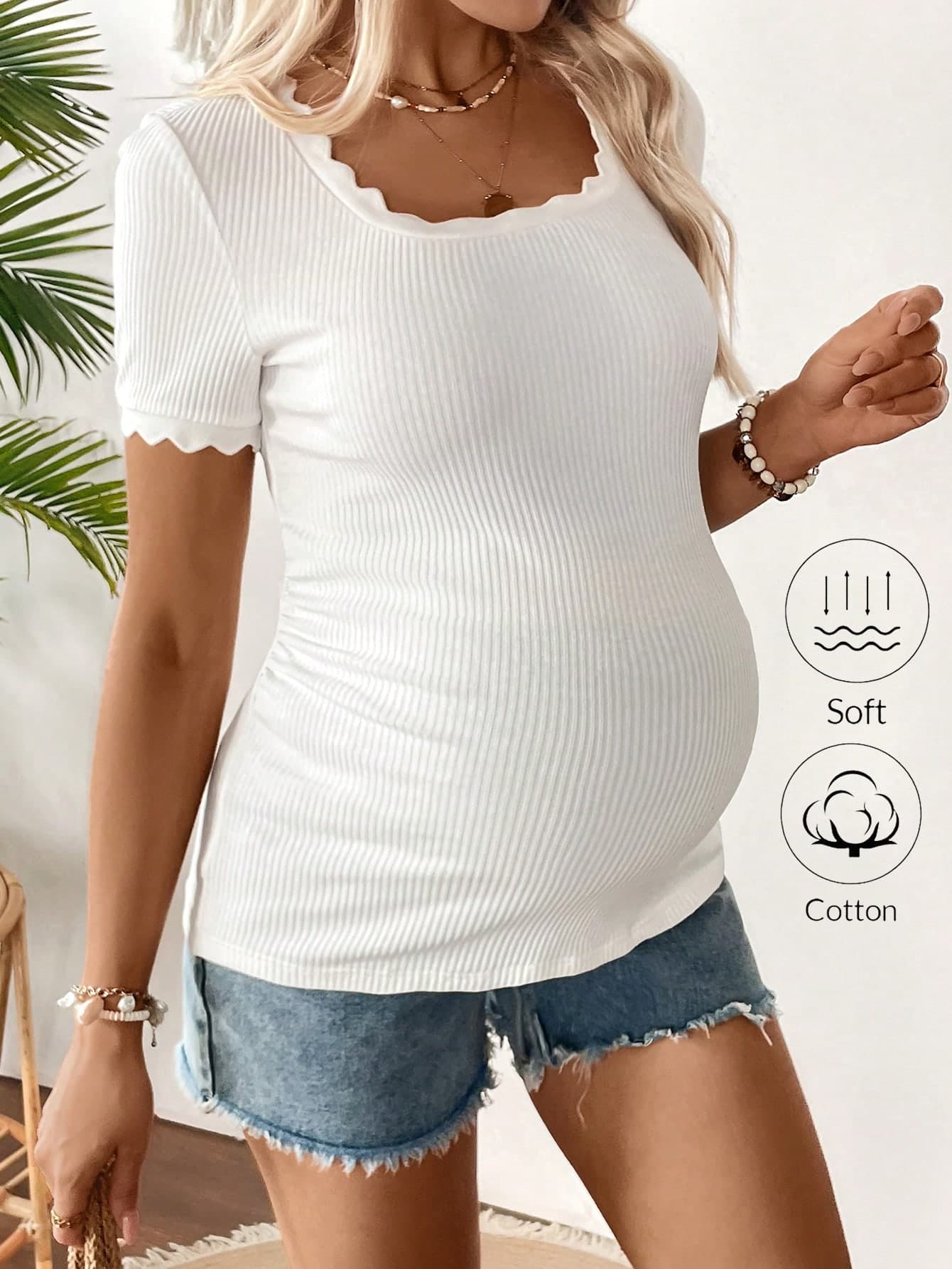 SHEIN Maternity Simple Lace Trim Short Sleeve Fitted Casual T-Shirt