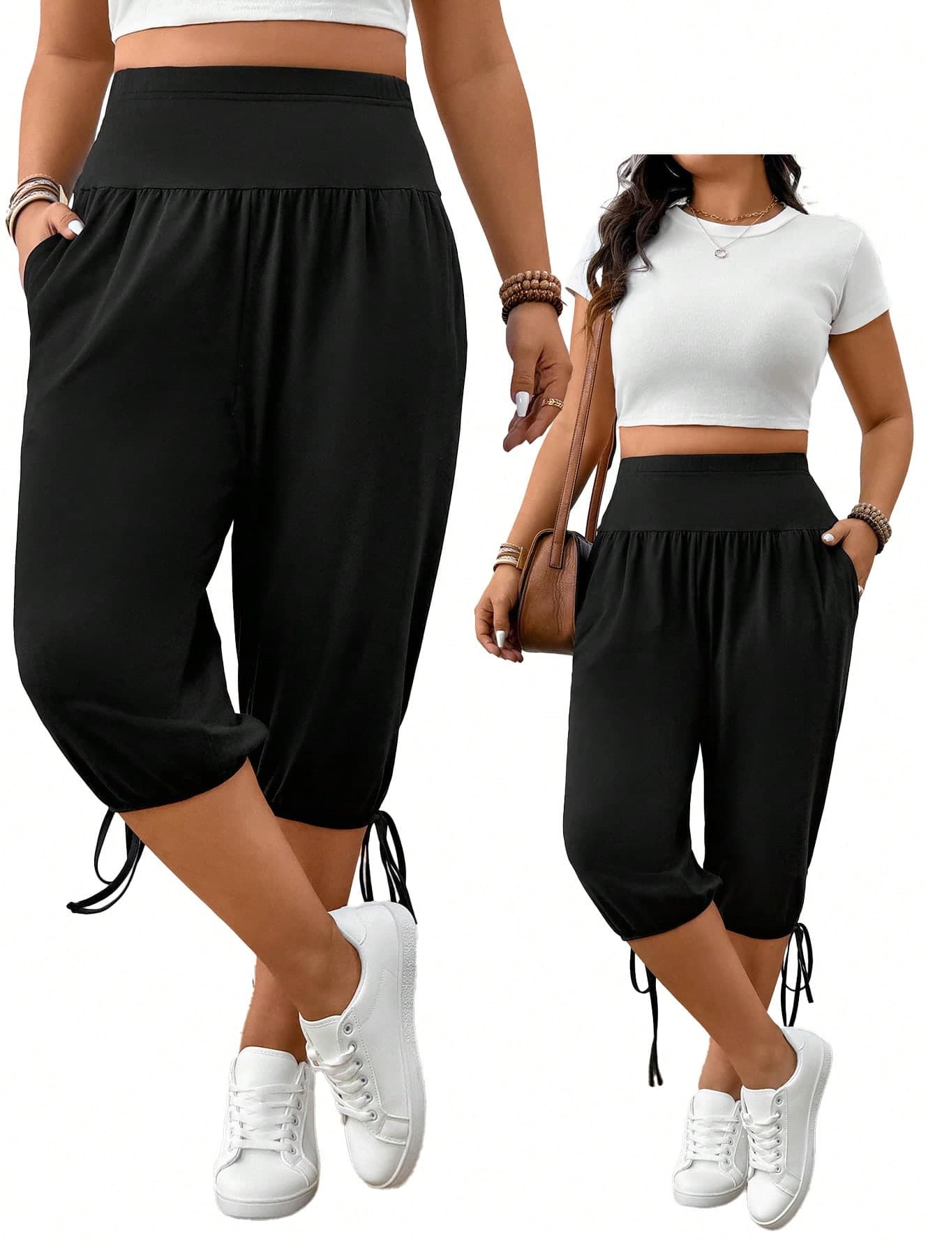 EMERY ROSE Elegant Casual Plus Size Women's Slant Pocket 3/4 Pants