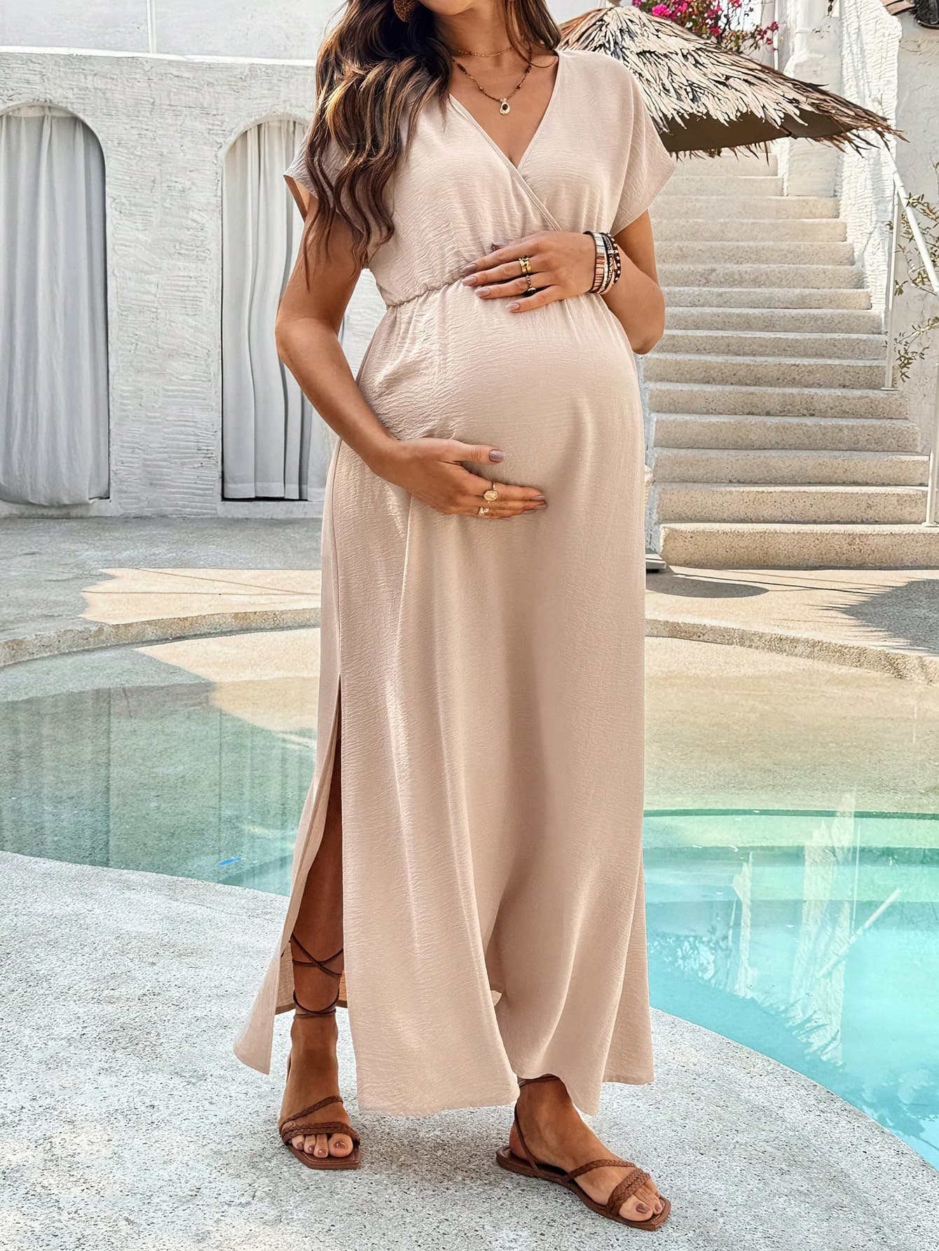 SHEIN Pregnant Women V-Neck Plain Short Sleeve Dress, Casual And Fashionable Maternity Dress For Everyday Wear