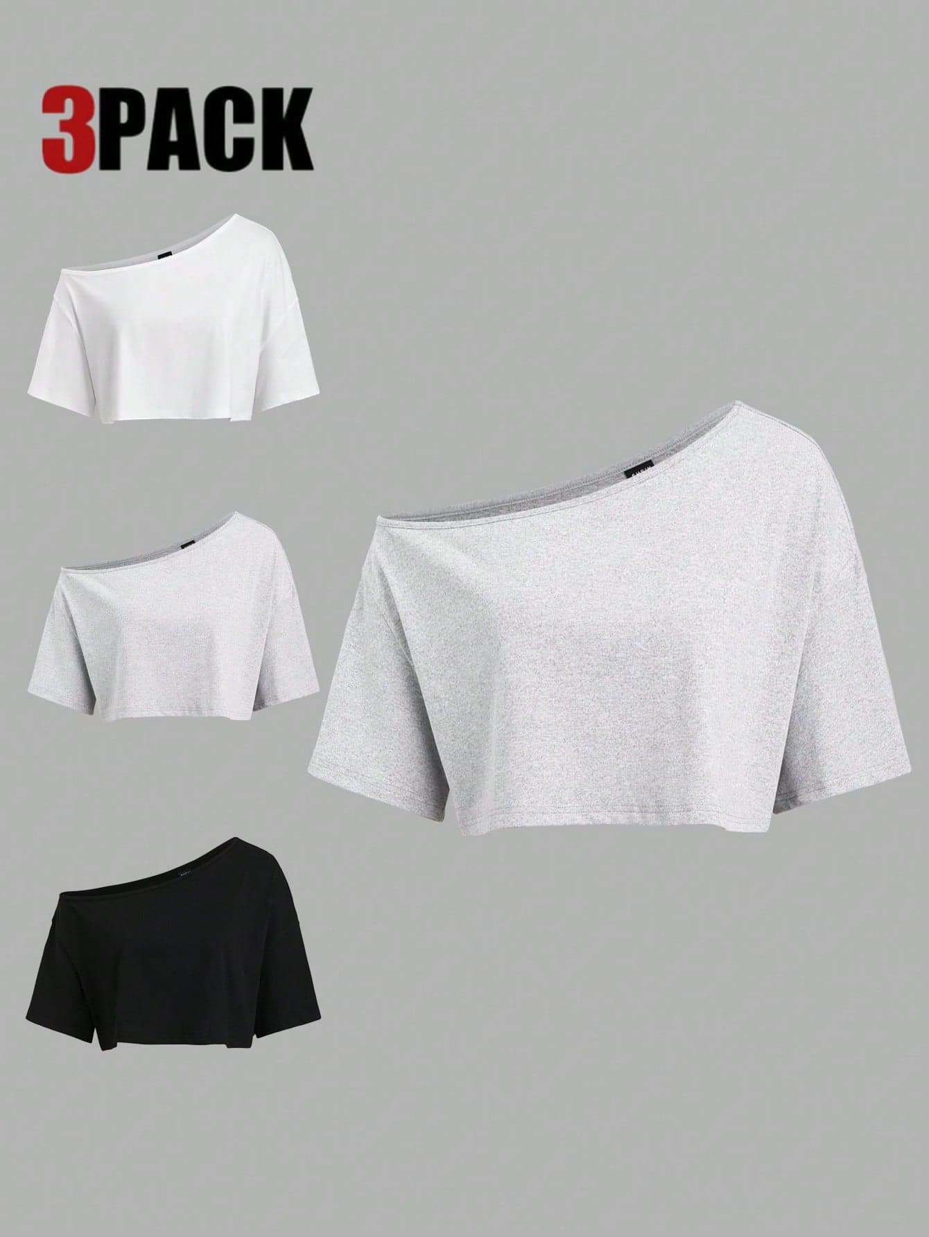 Sweetra 3PCS/Set Asymmetrical Shoulder Short Sleeve T-Shirts In White, Gray, Black Multiple Colors, Loose Fit