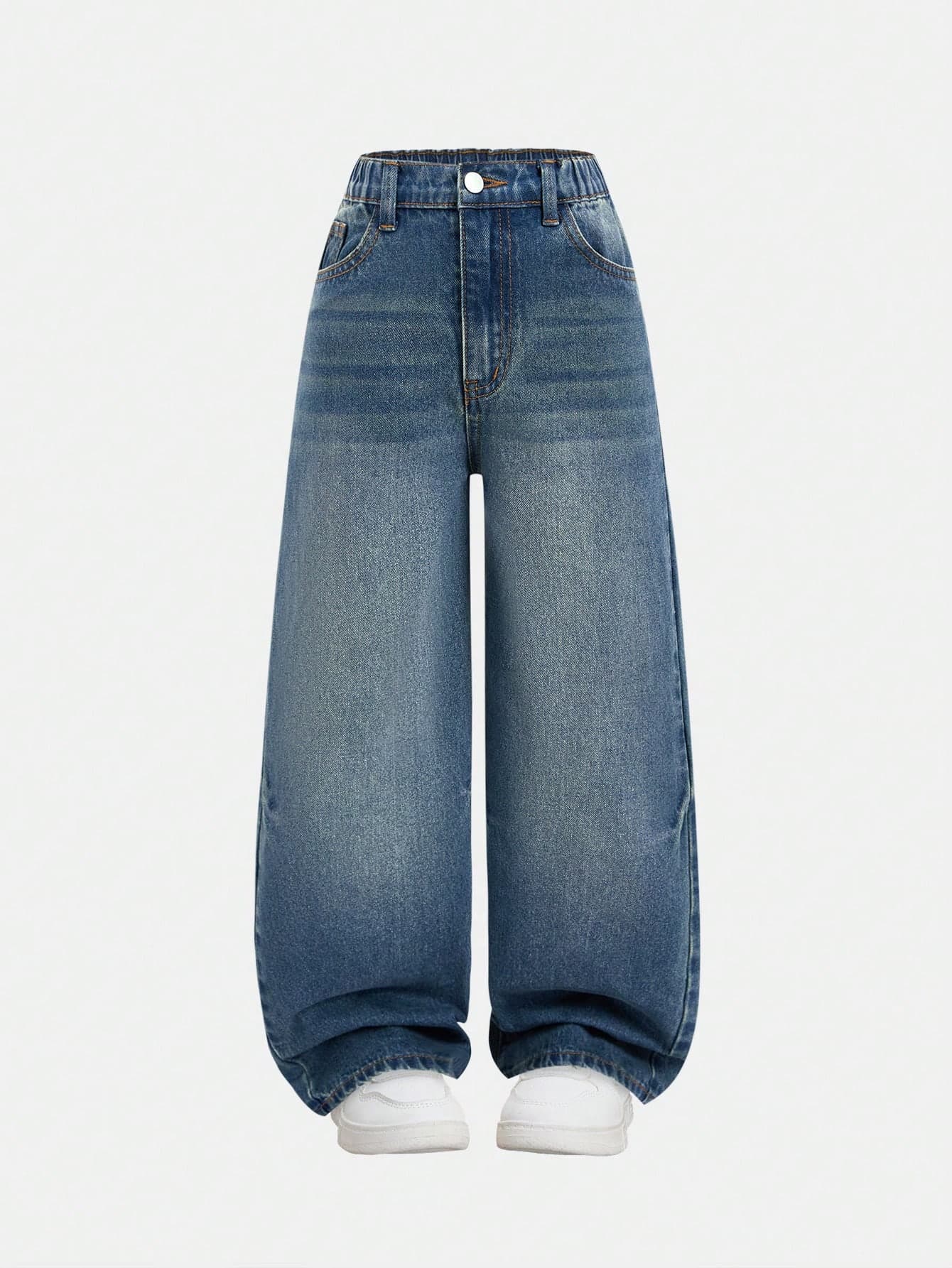 SHEIN Girl's Casual Loose Straight Leg Jeans,Vintage Y2K Style Washed Denim Pants,Back-To-School,School,Streetwear,Autumn,Light Blue,Comfortable Daily Wear