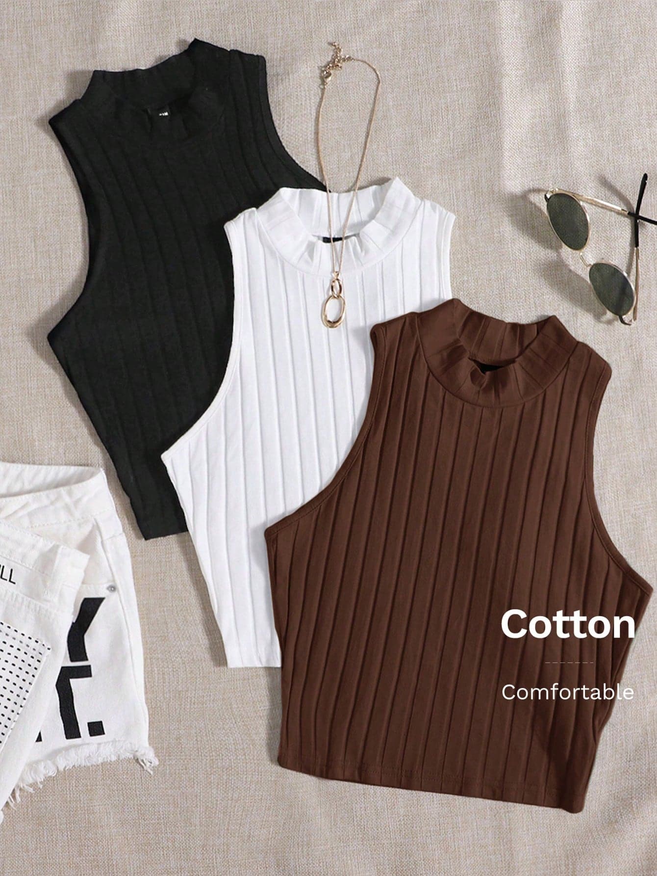 SHEIN EZwear Multicolor Women's Solid Color Ribbed Round Neck Tank Top For Summer