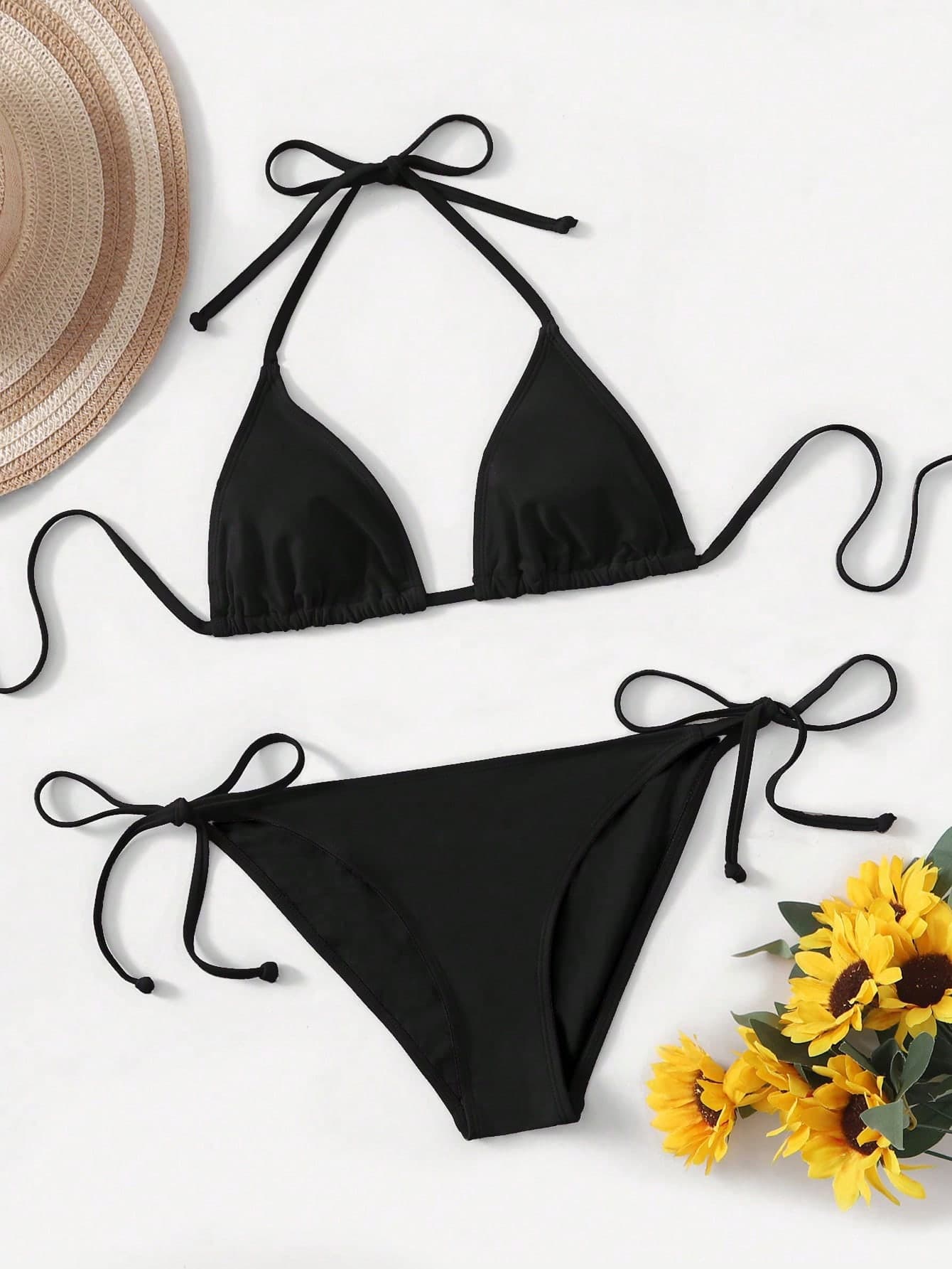 Swim SXY 2pcs 2025 Solid Color Halter Top & Tie Back Bottom Bikini Set, For Summer Beach Vacation