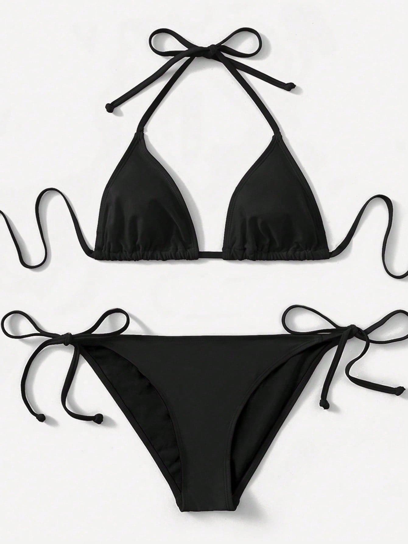 SHEIN Swim 2pcs 2025 Solid Color Halter Top & Tie Back Bottom Bikini Set, For Summer Beach Vacation