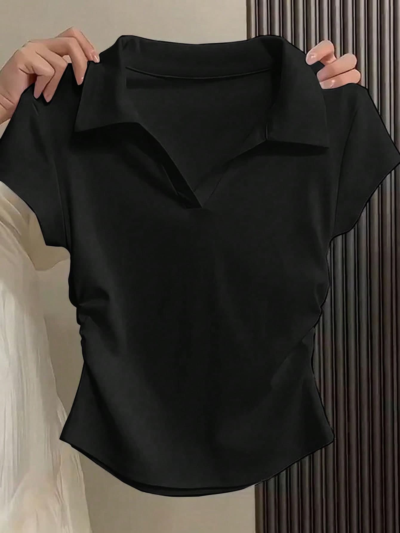 SHEIN PETITE Black Ruched Shirt For Women, Slim Fit Short Sleeve Collared Top, Elegant Summer Style,Summer Tops ,Petite Women