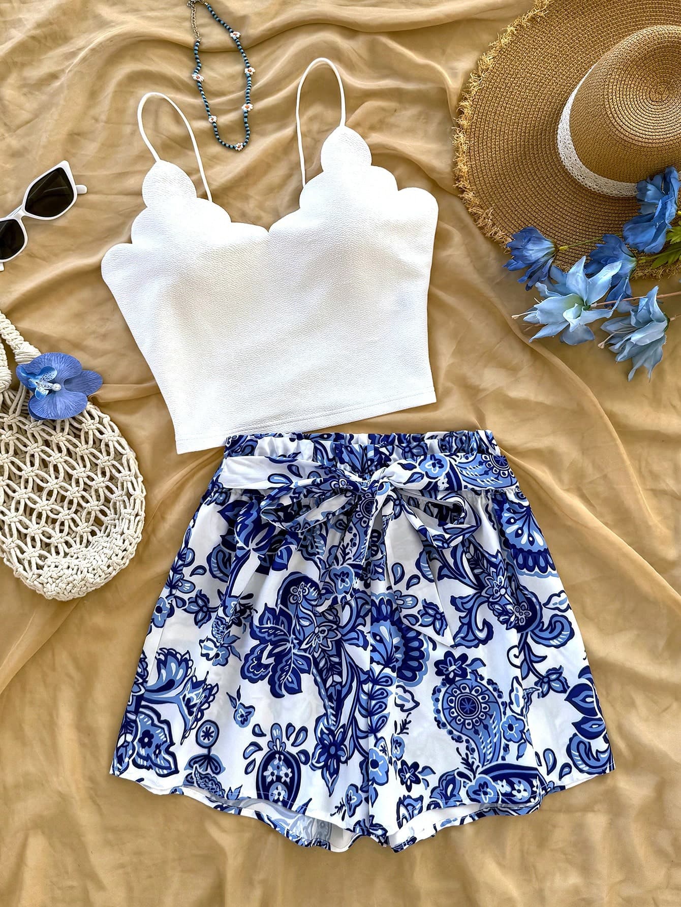 Soleia 2pcs Women Summer Beach Vacation Outfit, White Elastic Cami Top And Casual Floral Print Shorts