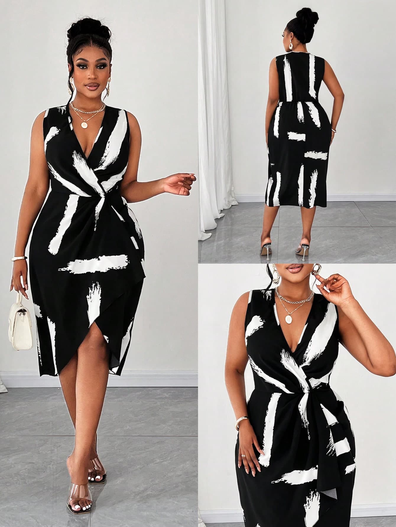 Maweii Plus Size Fashion Printed Sleeveless V-Neck Dress