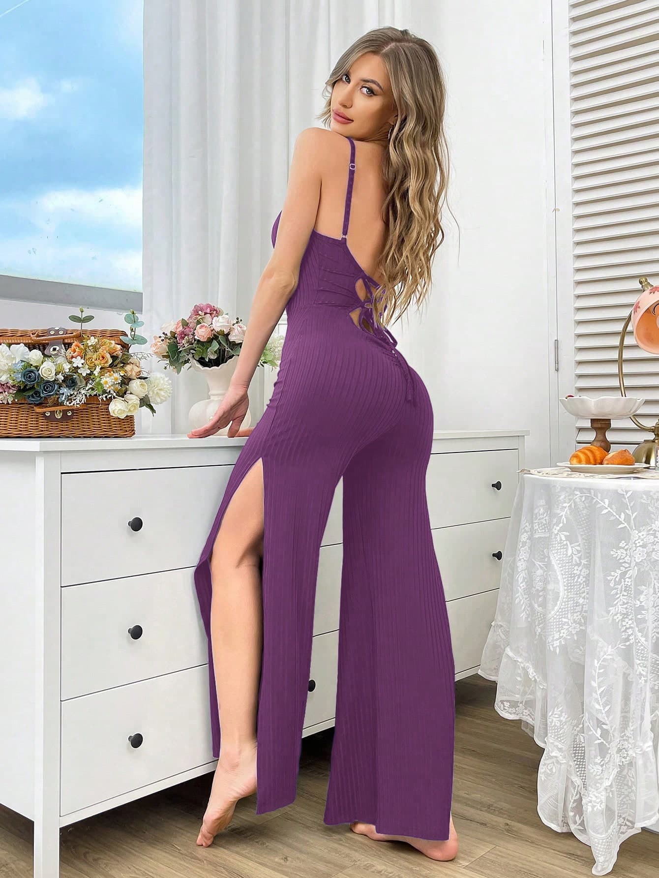 DUSKBASE Women's Ribbed Camisole Jumpsuit With Side Slit, Sleeveless Romper, Loungewear