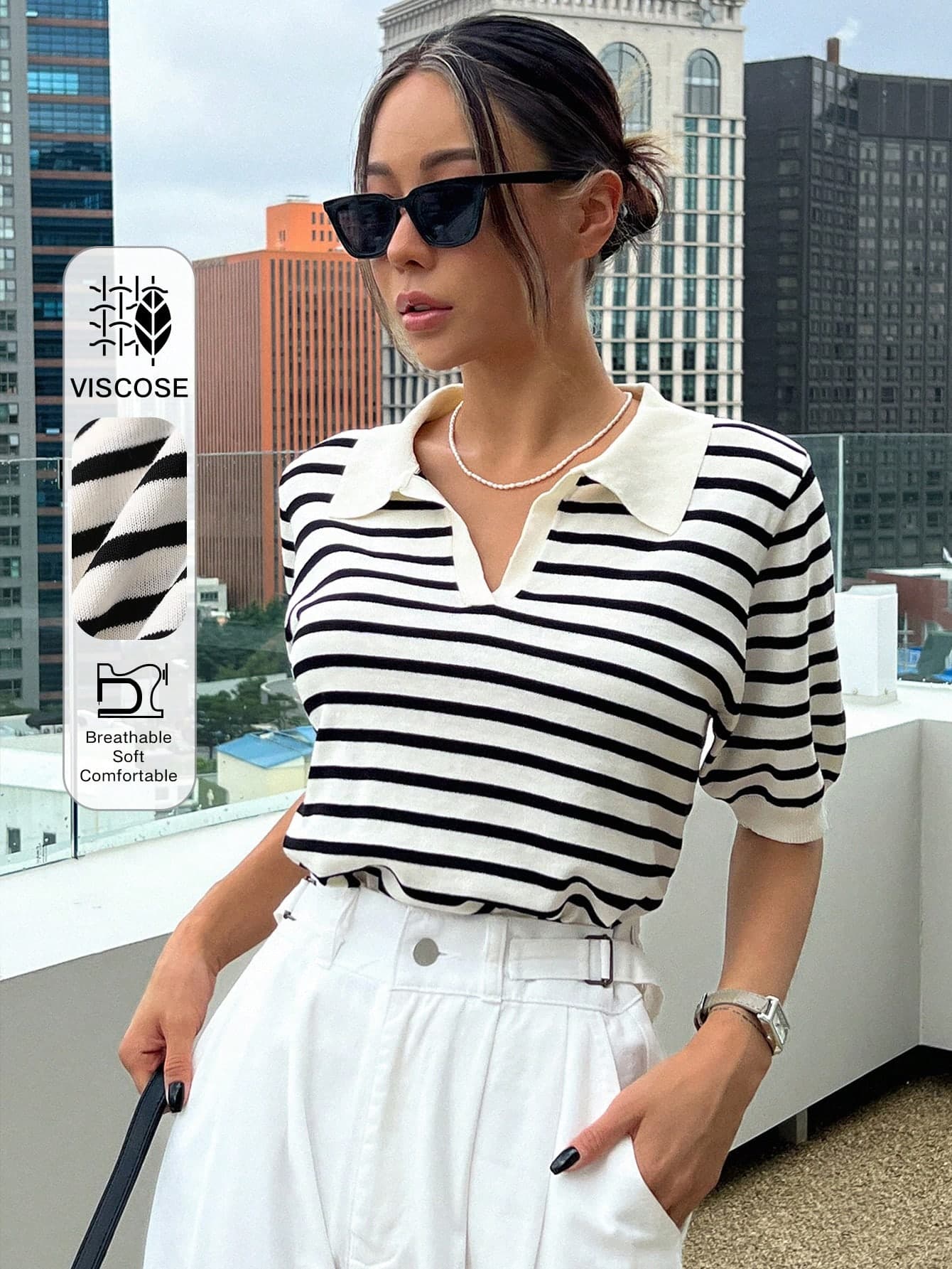 DAZY Striped Polo Collar Short Sleeve Casual Women Knitwear Top, Spring And Summer,Fall Clothes
