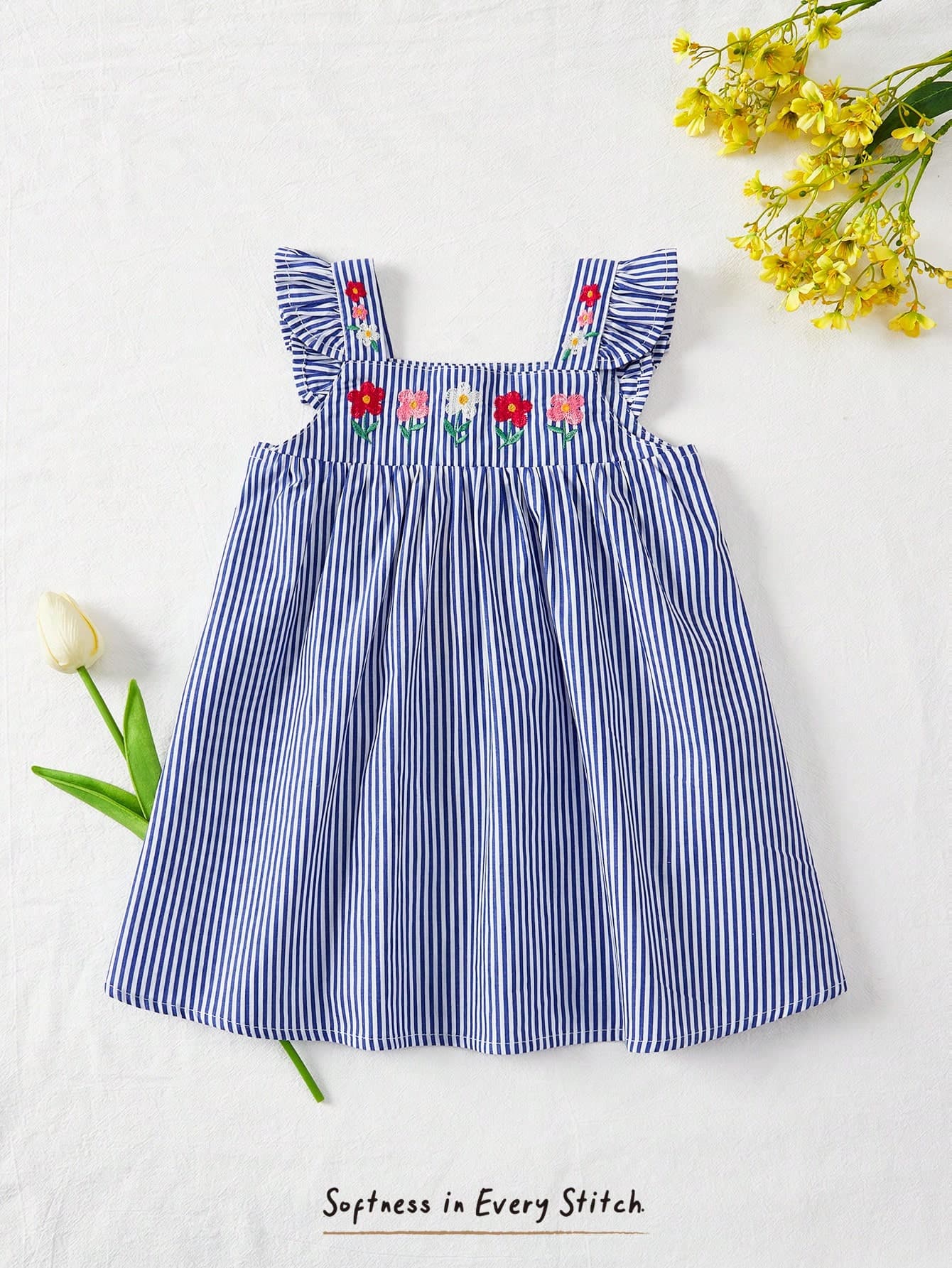 Cozy Pixies Baby Girl Floral Print Square Neck Ruffle Hem Sleeveless Cinched Waist Casual Versatile Dress, Baby Girl