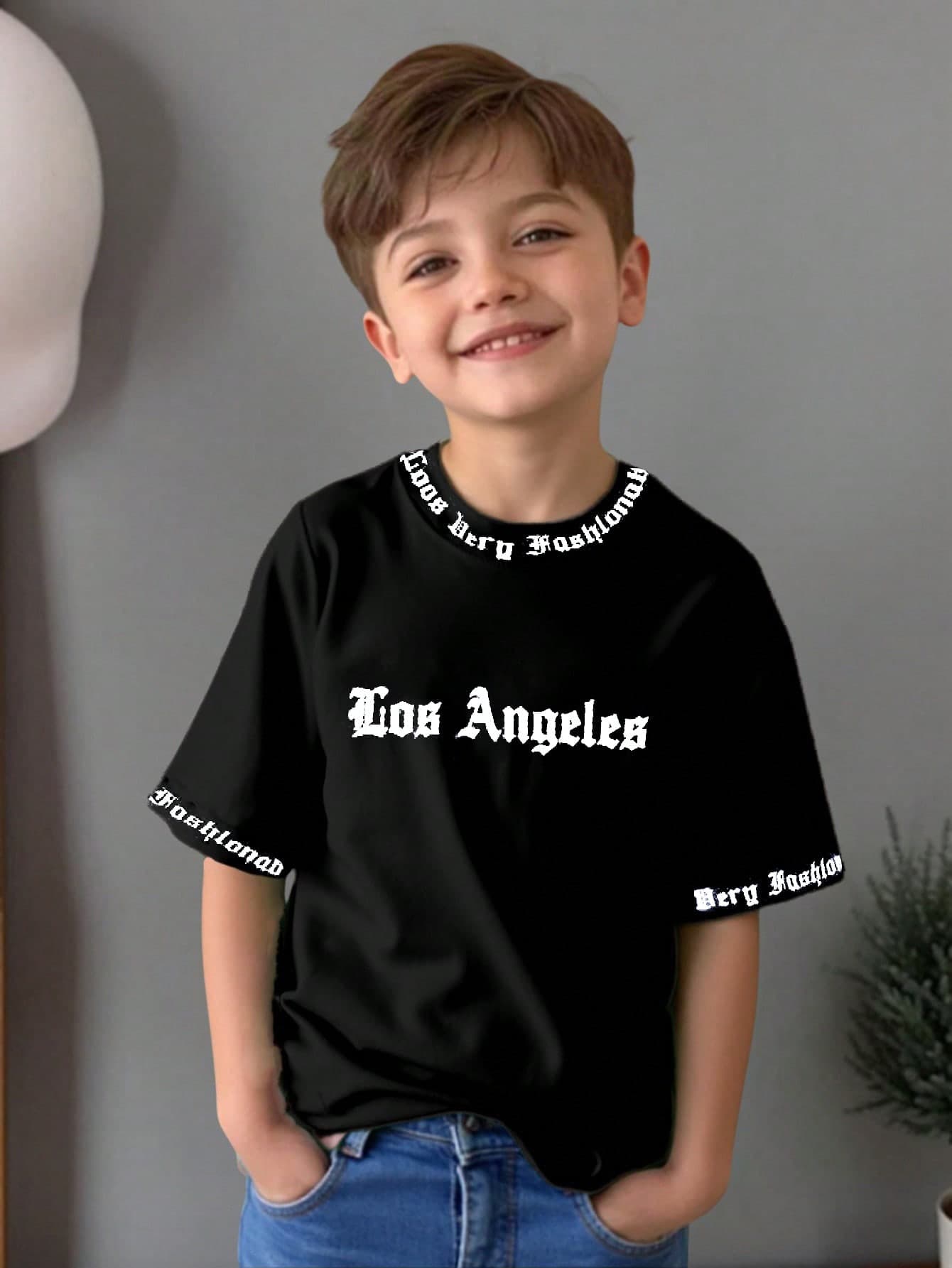 SHEIN Coolqubz Boy's Casual Funny English Letter Print Round Neck Short Sleeve T-Shirt,Suitable For Daily Wear,School,Sports,Summer Holiday,Travel,Relaxing,Holiday