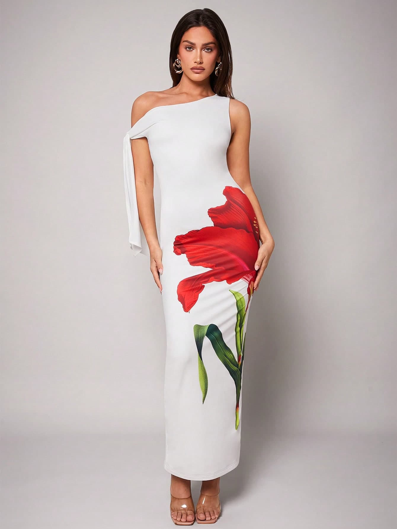 Silquee Women Elegant White Floral Summer Slanted Shoulder Elastic Knitted Fitted Dress,Large Floral Print Beach Party Evening Outing Vacation Pool Party