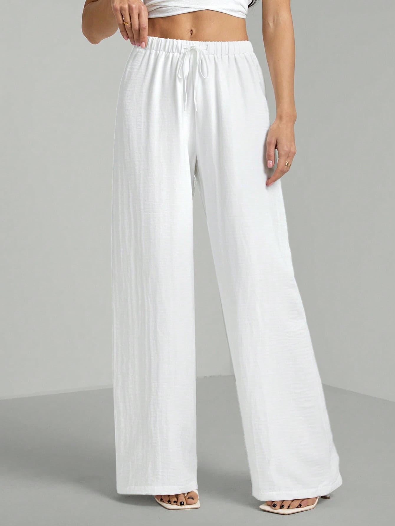 SHEIN Tall Loose Drawstring Waist Trousers In Textured Crinkle Fabric, Tall Women