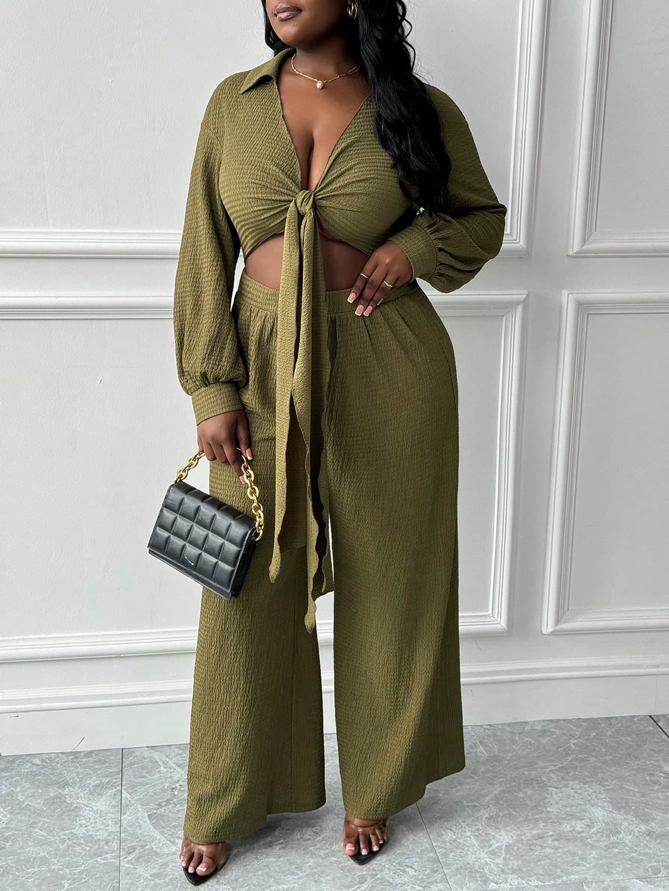 Slaydiva Elegant Vacation Daily Chest Knotted Shirt Collar Long Sleeve Wide Leg Jumpsuit For Plus Size Women - B
