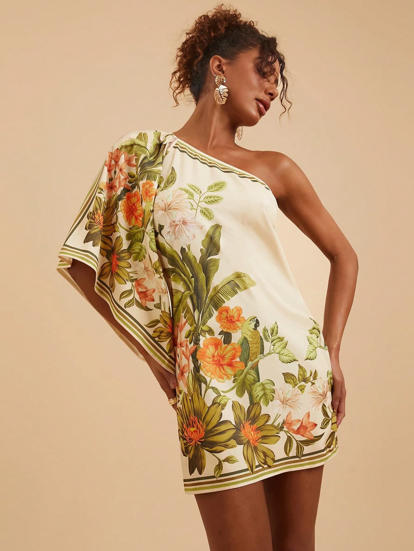Travachic Women's Tropical Print Asymmetric Collar Mini Dress,Beige Summer Boho Holiday Vacation Elegant Bohemian Beachwear For Wedding Music Festival Outfit