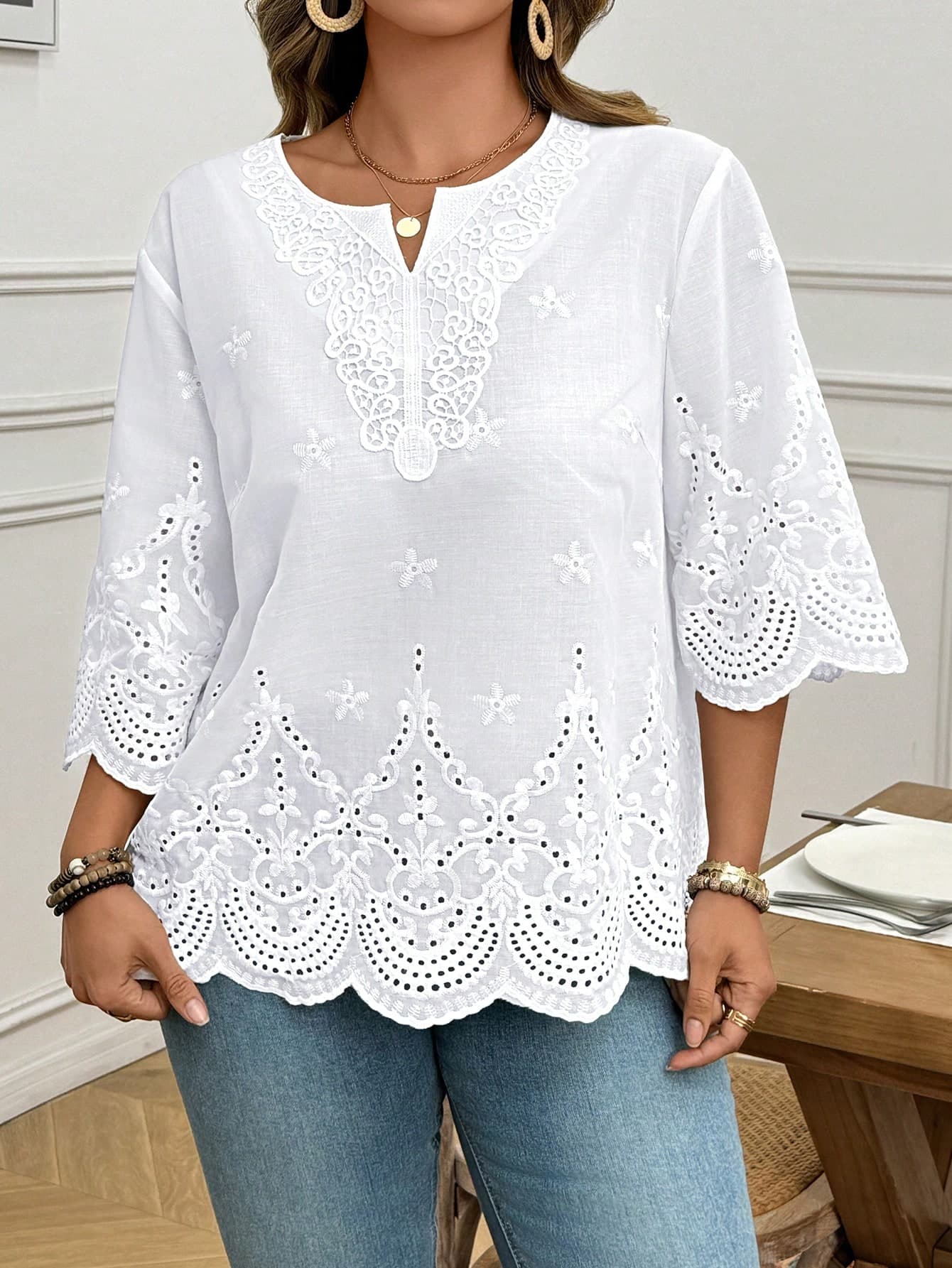 SHEIN LUNE Plus Size Vacation Casual Solid Color Hollow Embroidered Blouse Summer For Vacation Wedding Season Summer Top Summer New Design Beach For Woman Fall