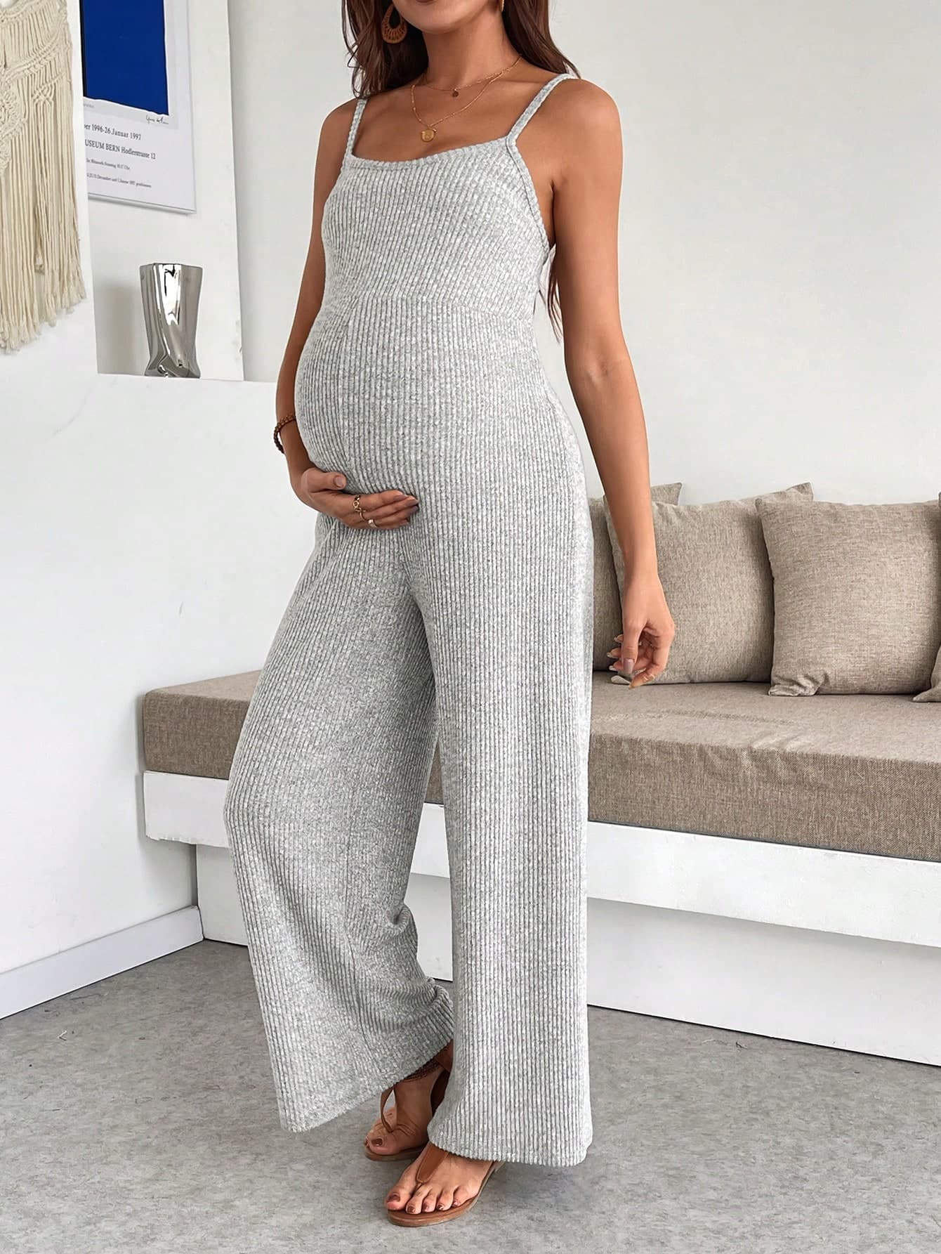 SHEIN Pregnant Women Solid Color Wide Leg Loose Casual Jumpsuit