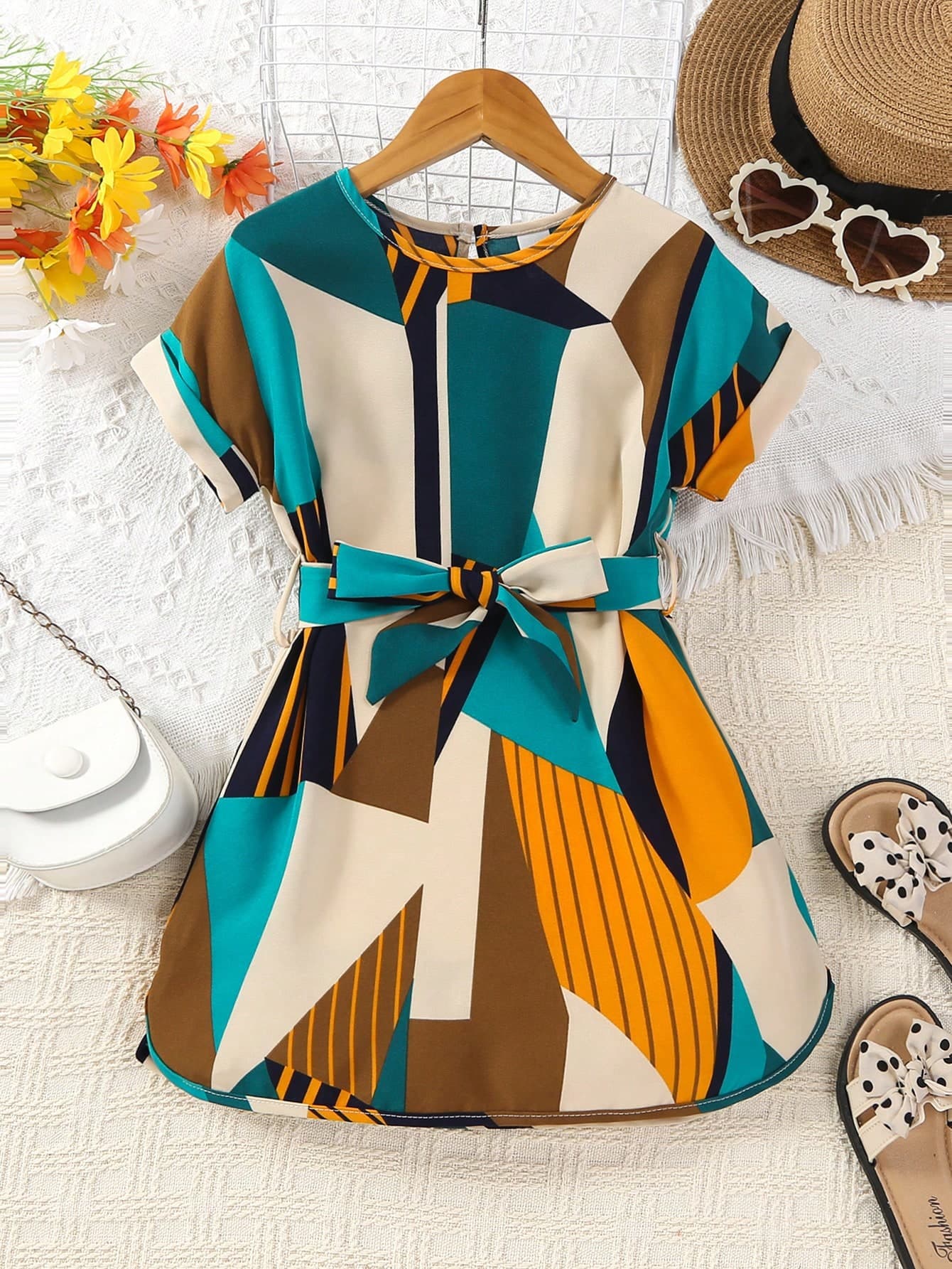 SHEIN Young Girl Geometric Printed Cinched Waist Dress
