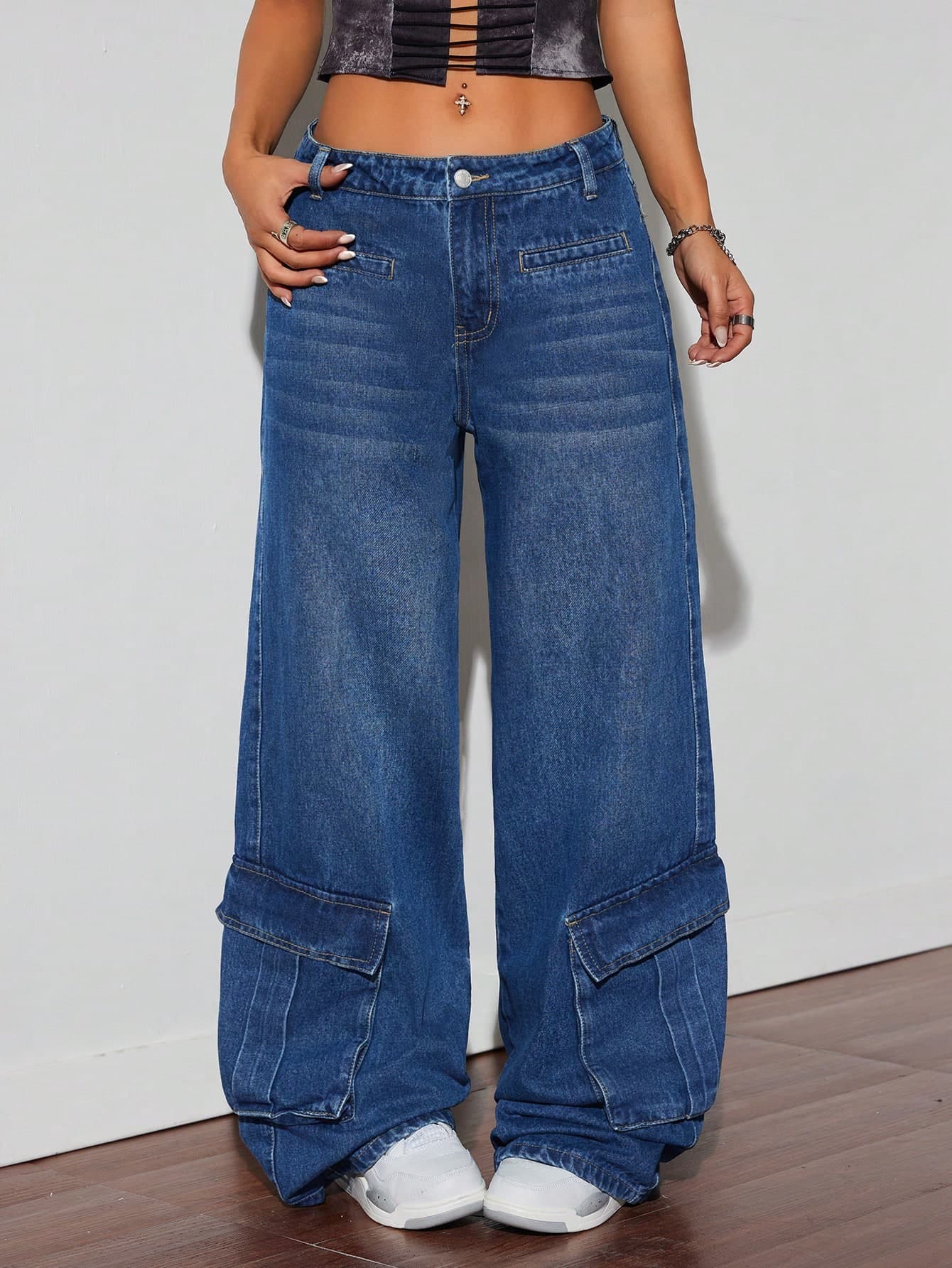 SHEIN ICON Women's Pocket Flared Loose Casual Versatile Denim Jeans