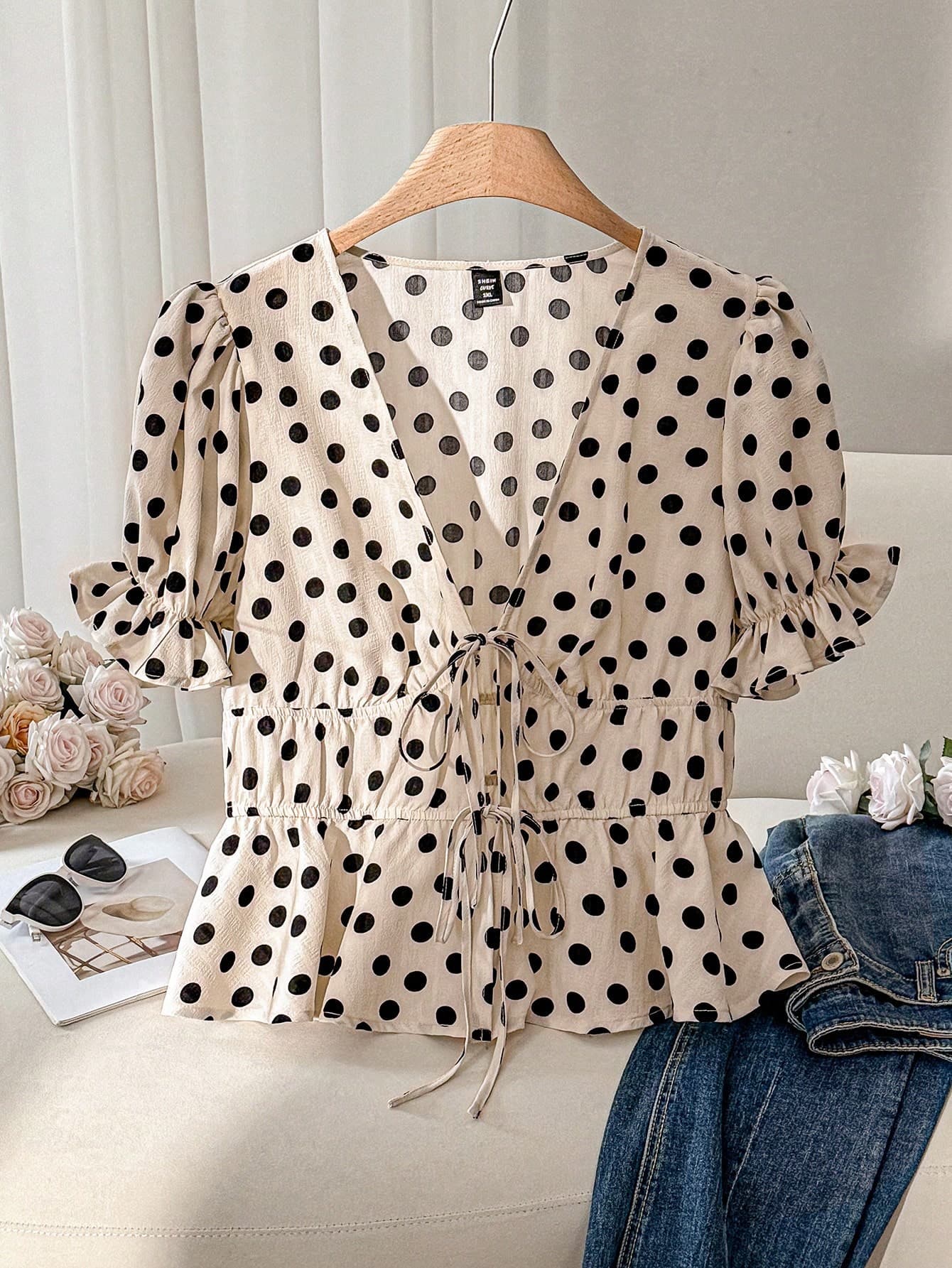 CosyJoli Plus Size Women's Ruffled Polka Dot Print Deep V-Neck Tied Layered Blouse,Casual French Style,Slightly Sheer