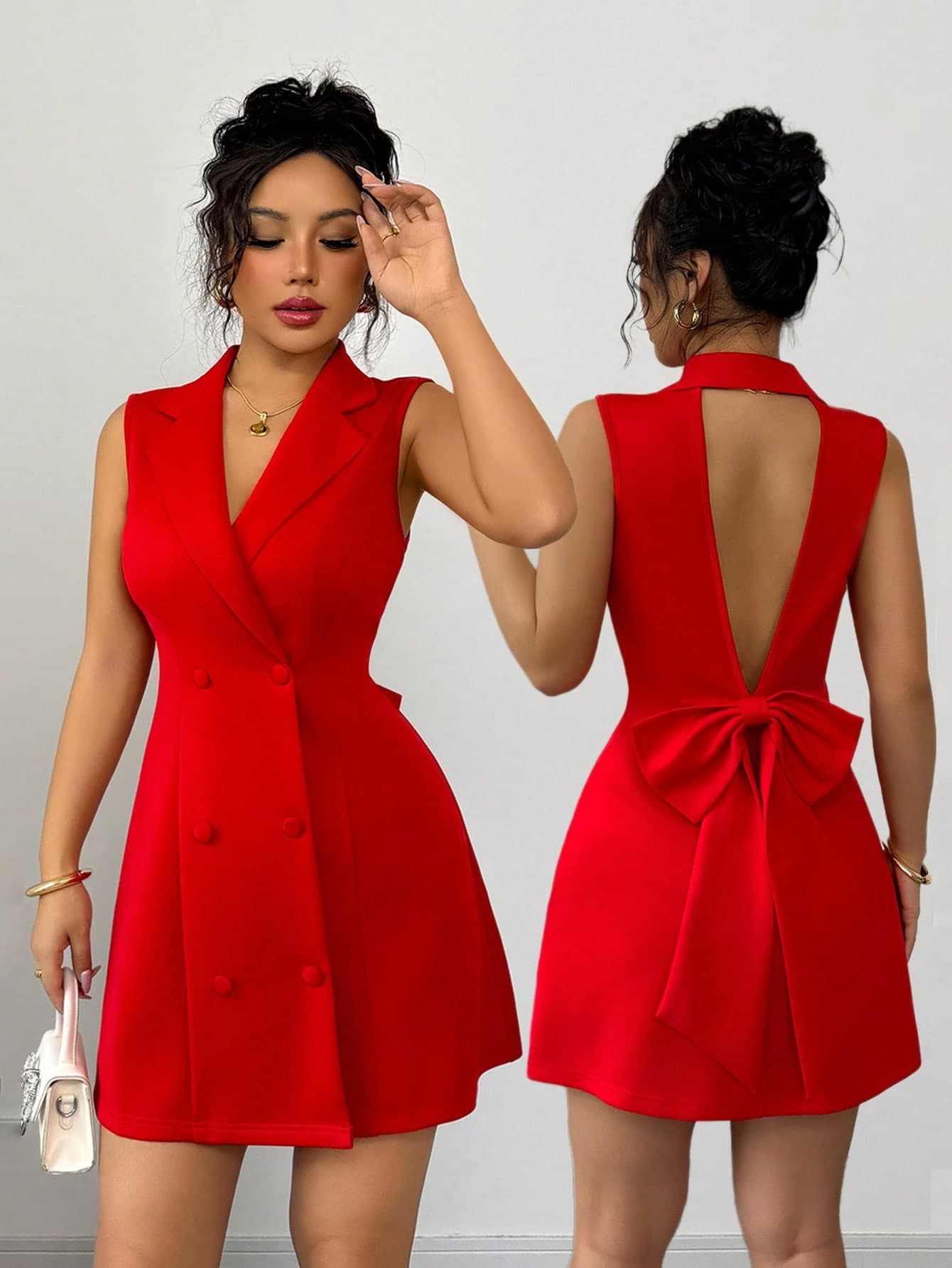 Elenzga New Women's Blazer Collar Double-Breasted Back Deep V-Neck Bow Design Sleeveless Fitted Party Club Date Young Versatile Elegant Petite Sexy Mini Dress