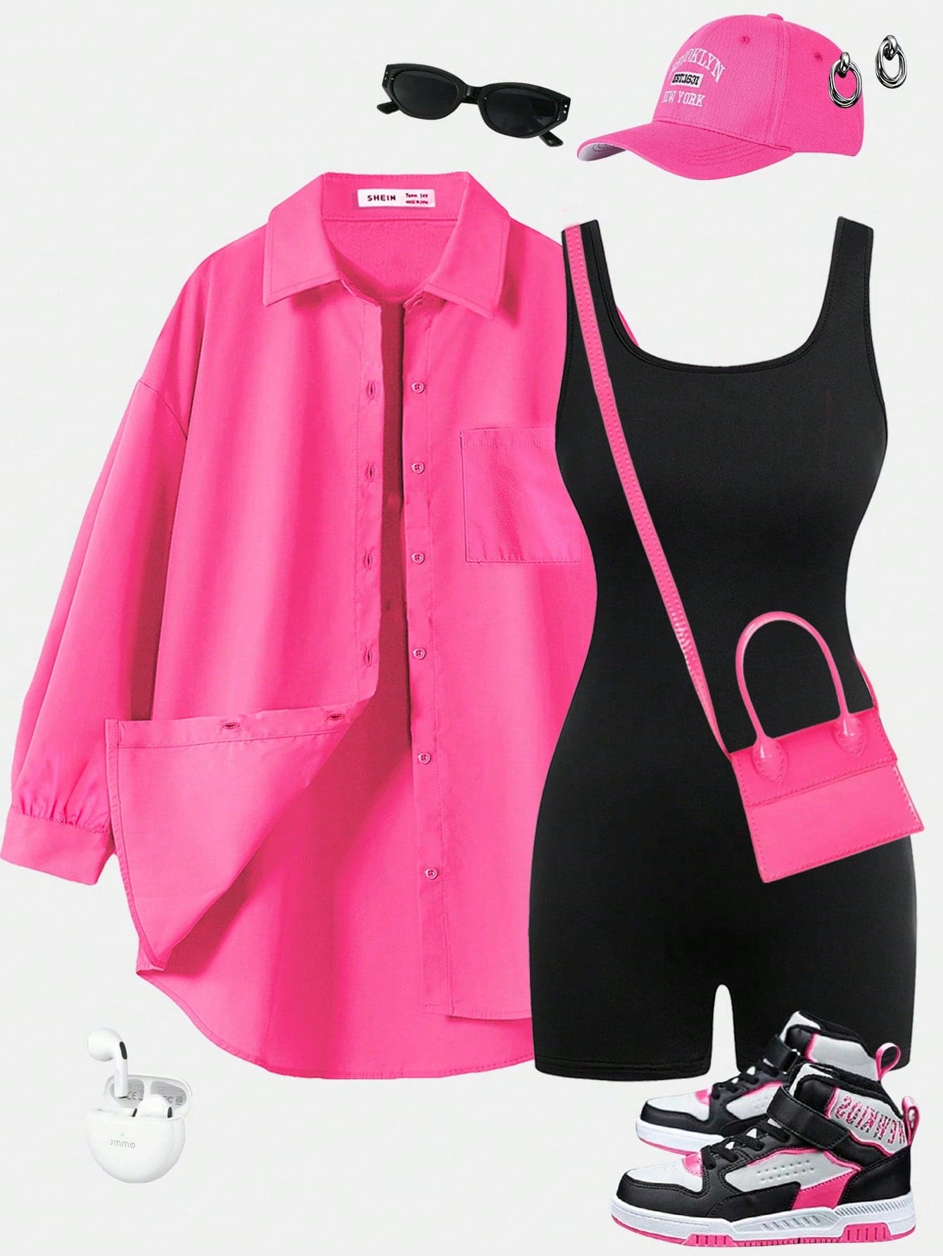 SHEIN Frenchy Women's Pink And Black 2pcs Matching Set,Oversized Button Down Shirt & Slim Bodysuit Shorts,Y2K Streetwear,Summer Gym Athleisure Outfits,Tracksuit