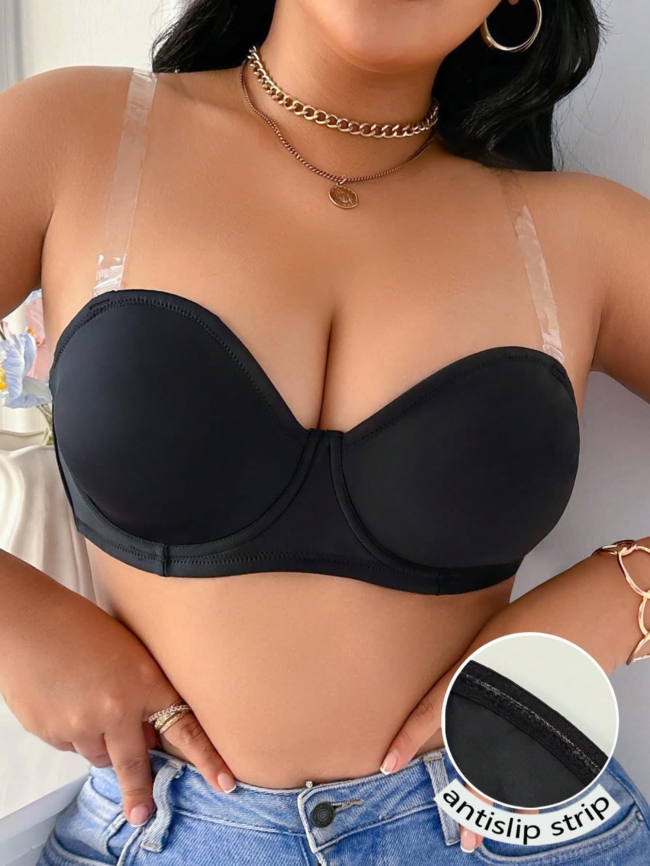 DesireSculpt Plus Size Detachable Transparent Strap Sexy Underwire Cup Bra, Lift