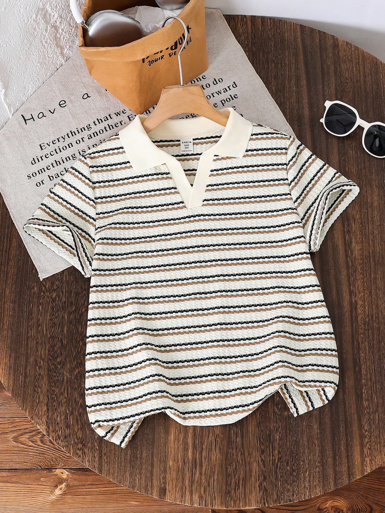 SHEIN LMoss Kids Tween Boys Casual Stripe Collar Pullover Loose Fit Short Sleeve Knit Polo Shirt