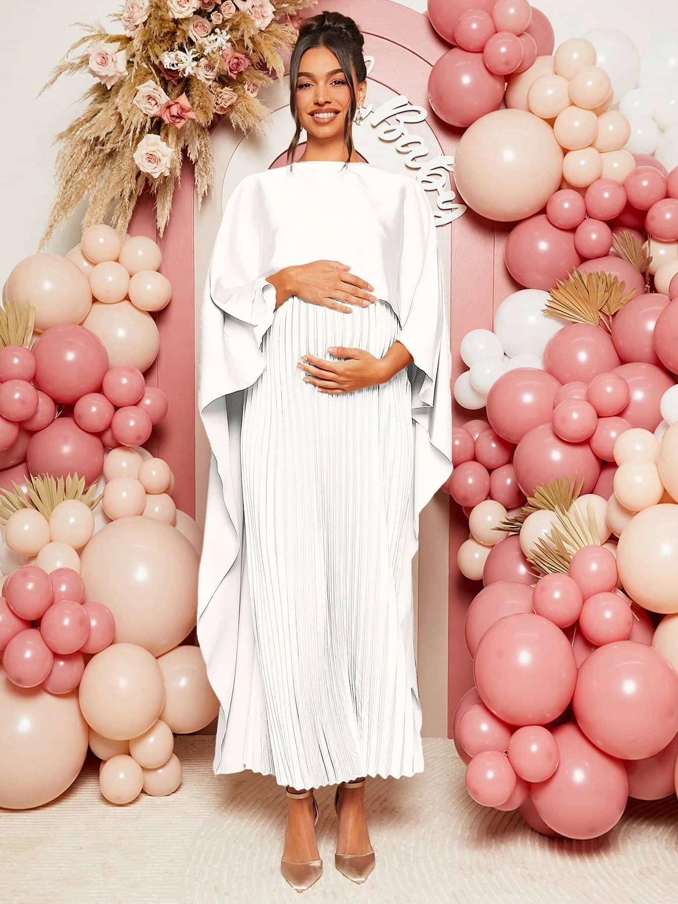 Loomaby Elegant Solid Color Pleated Shawl Maternity Dress For Party Fall